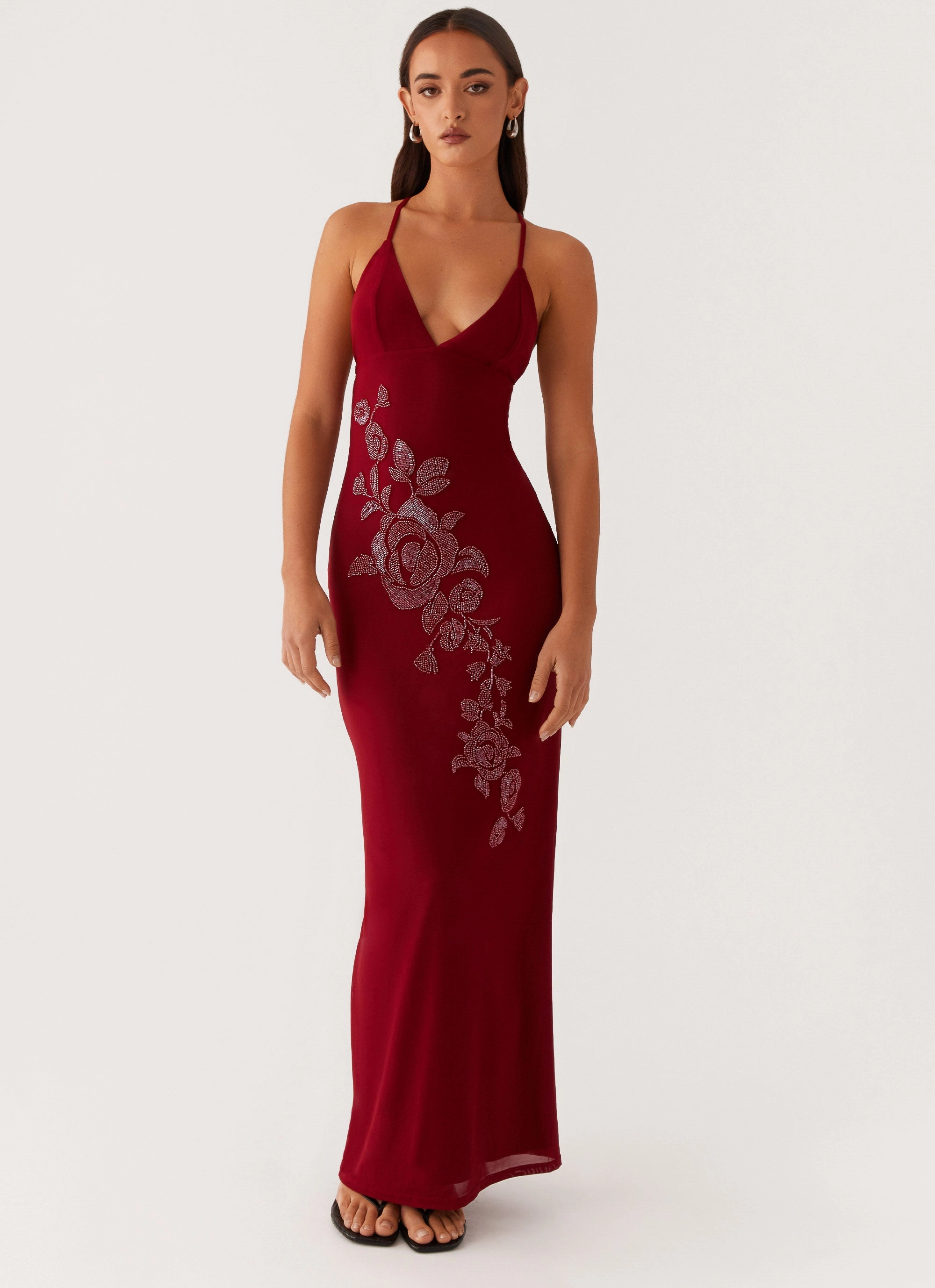 Beki Beaded Mesh Maxi Dress - Deep Red Comfy Look Party Perfect
