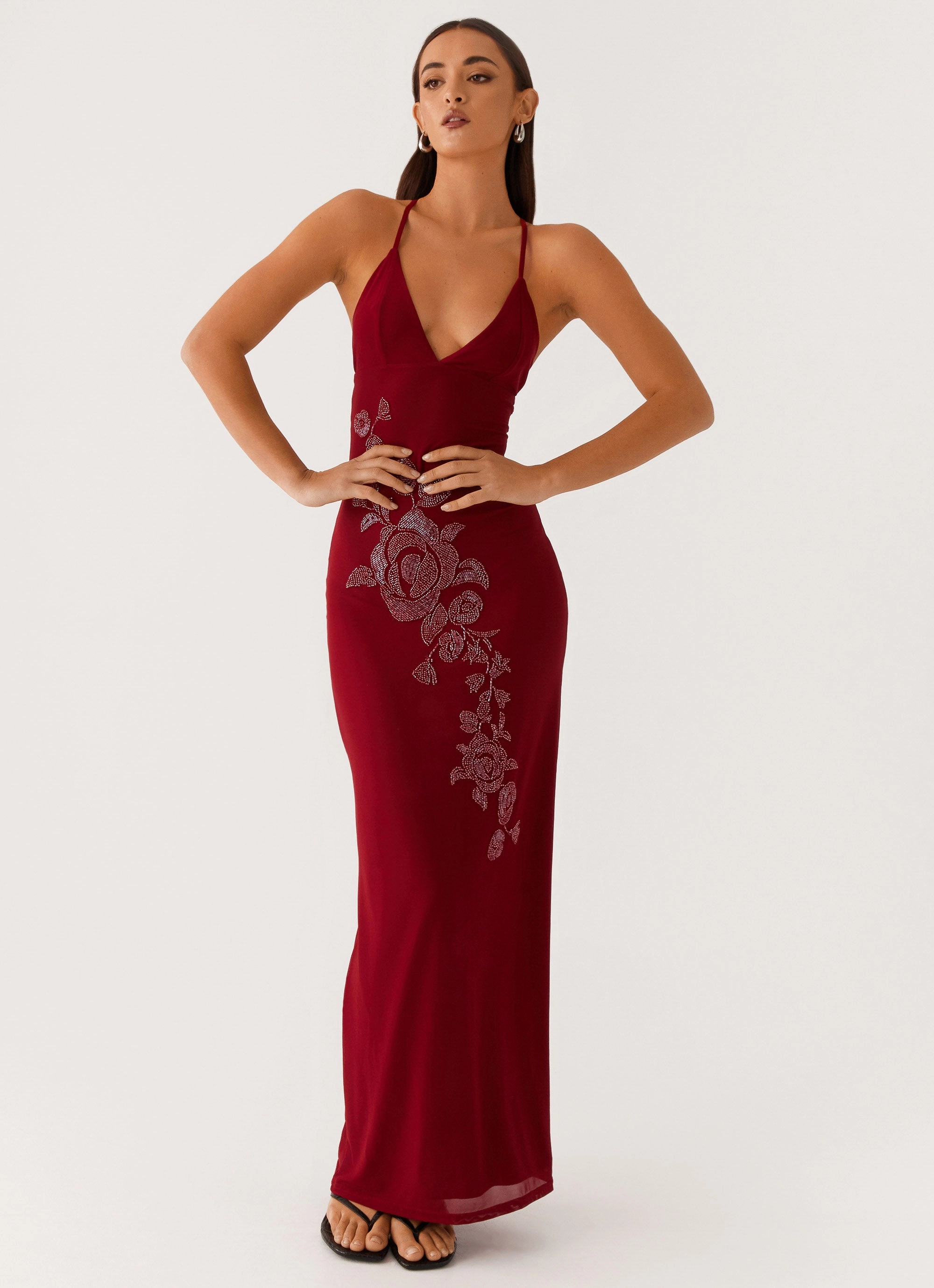 Beki Beaded Mesh Maxi Dress - Deep Red Balanced feel