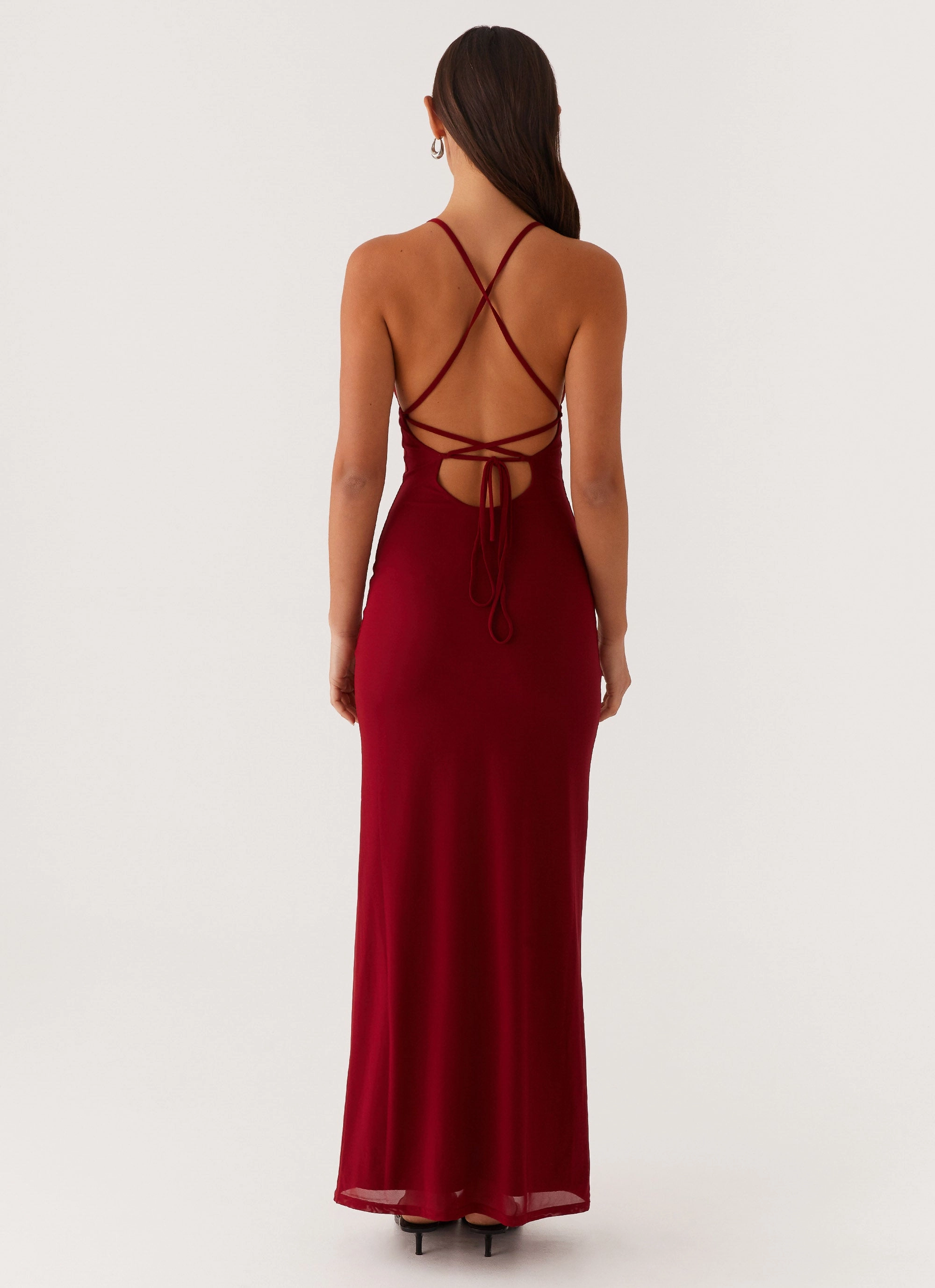 Classic Fit Beki Beaded Mesh Maxi Dress - Deep Red