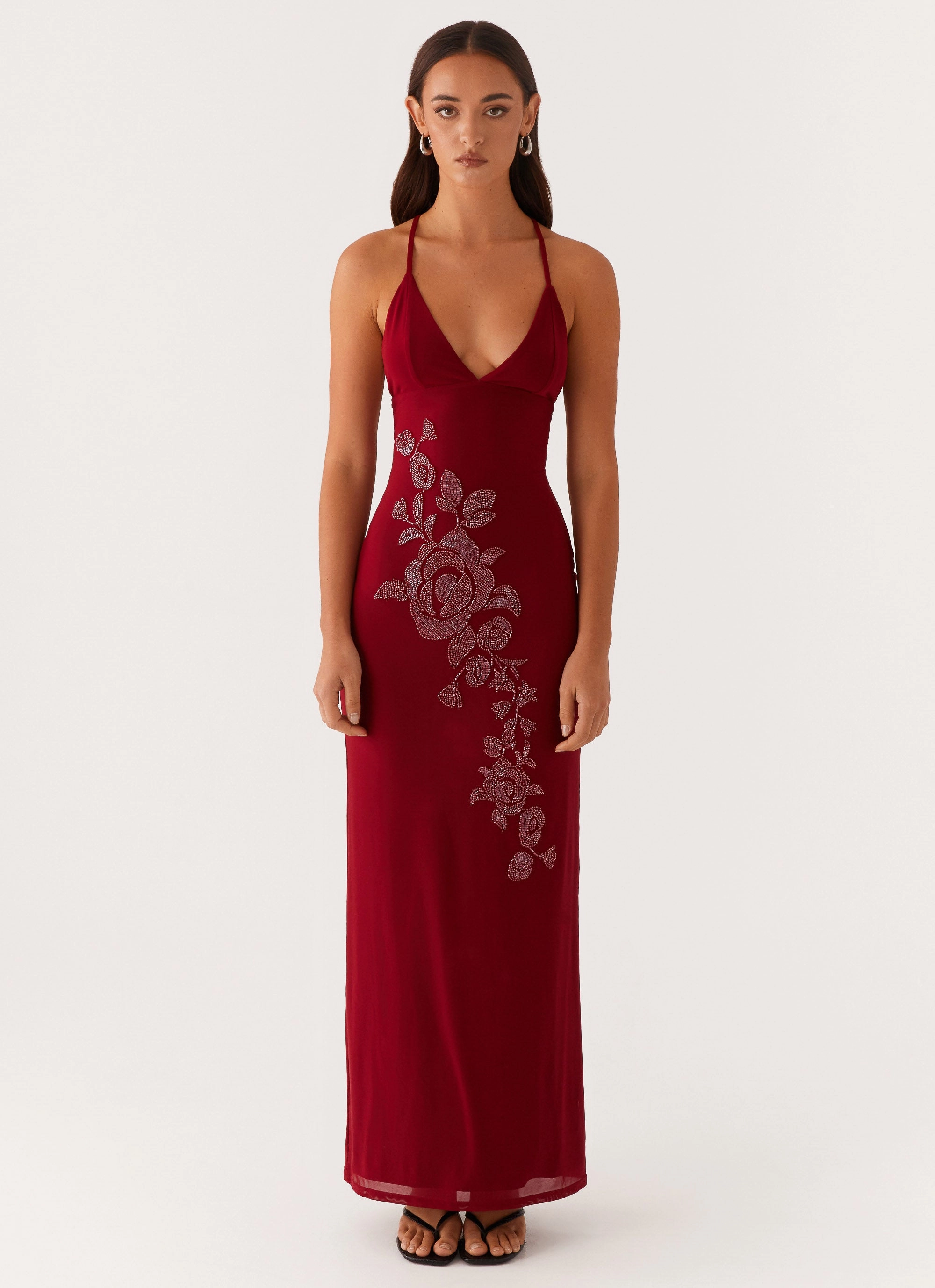 Vacation Vibe Resort-Wear Beki Beaded Mesh Maxi Dress - Deep Red