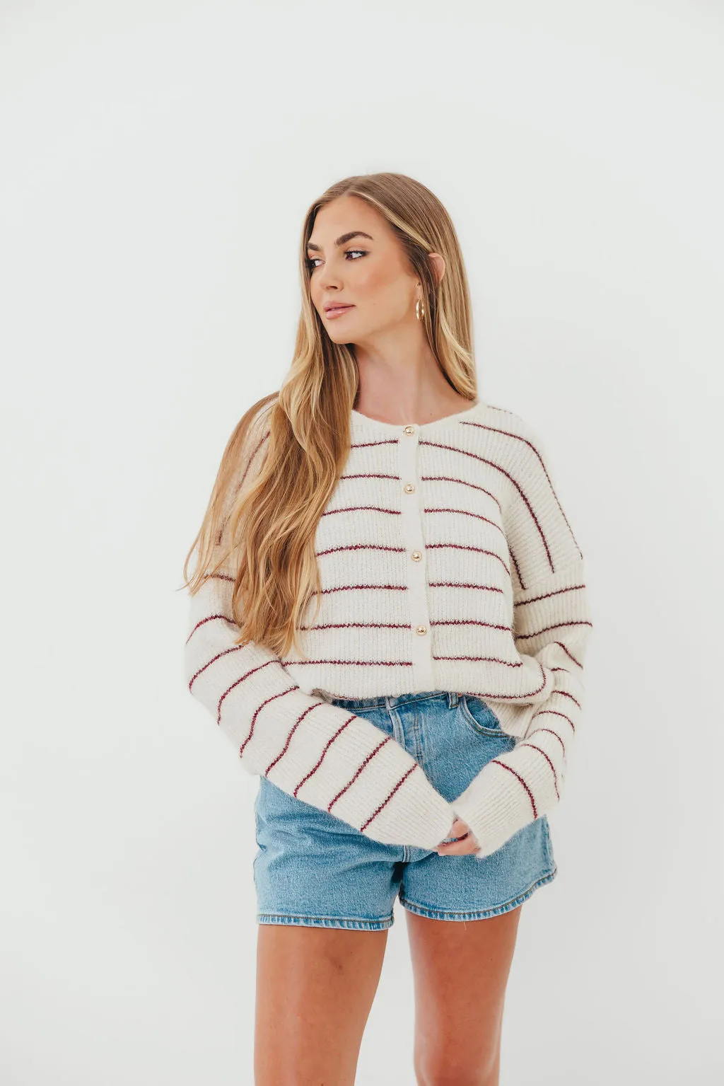 Day To Night Bellevue Cardigan Top in Cream Burgundy