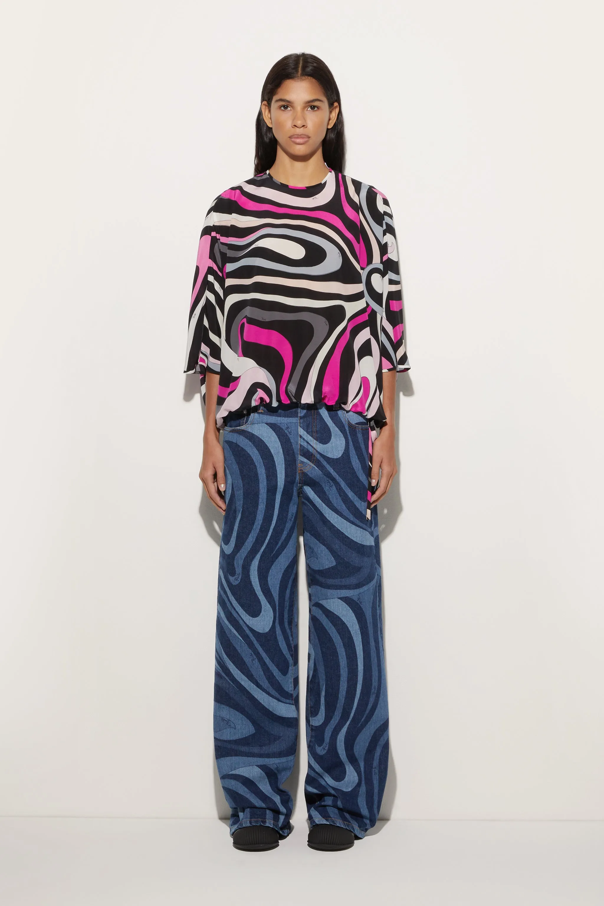 Marmo Print Cape Blouse Shimmer Effect