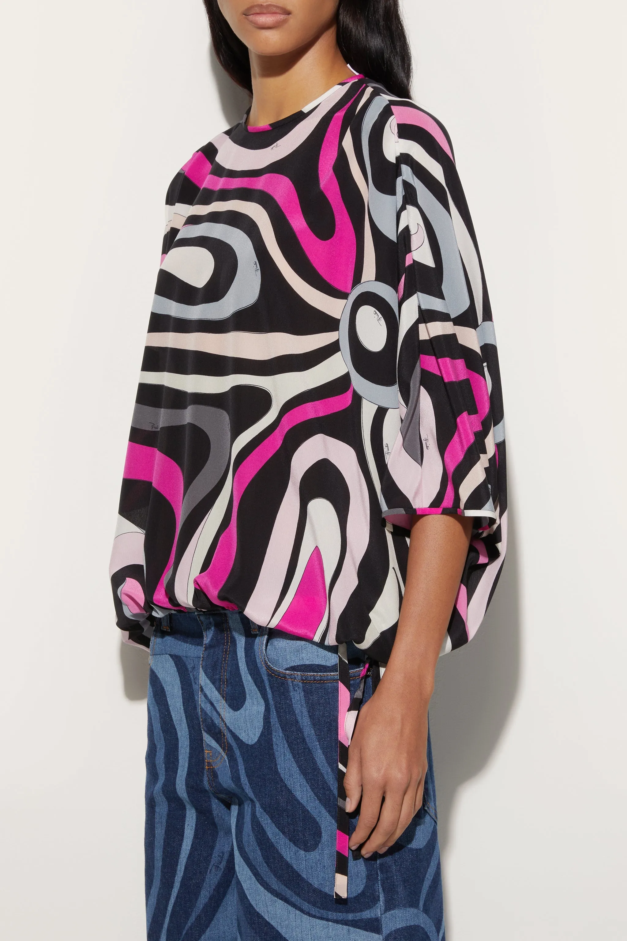 Marmo Print Cape Blouse Asymmetrical Cut Tagless Design