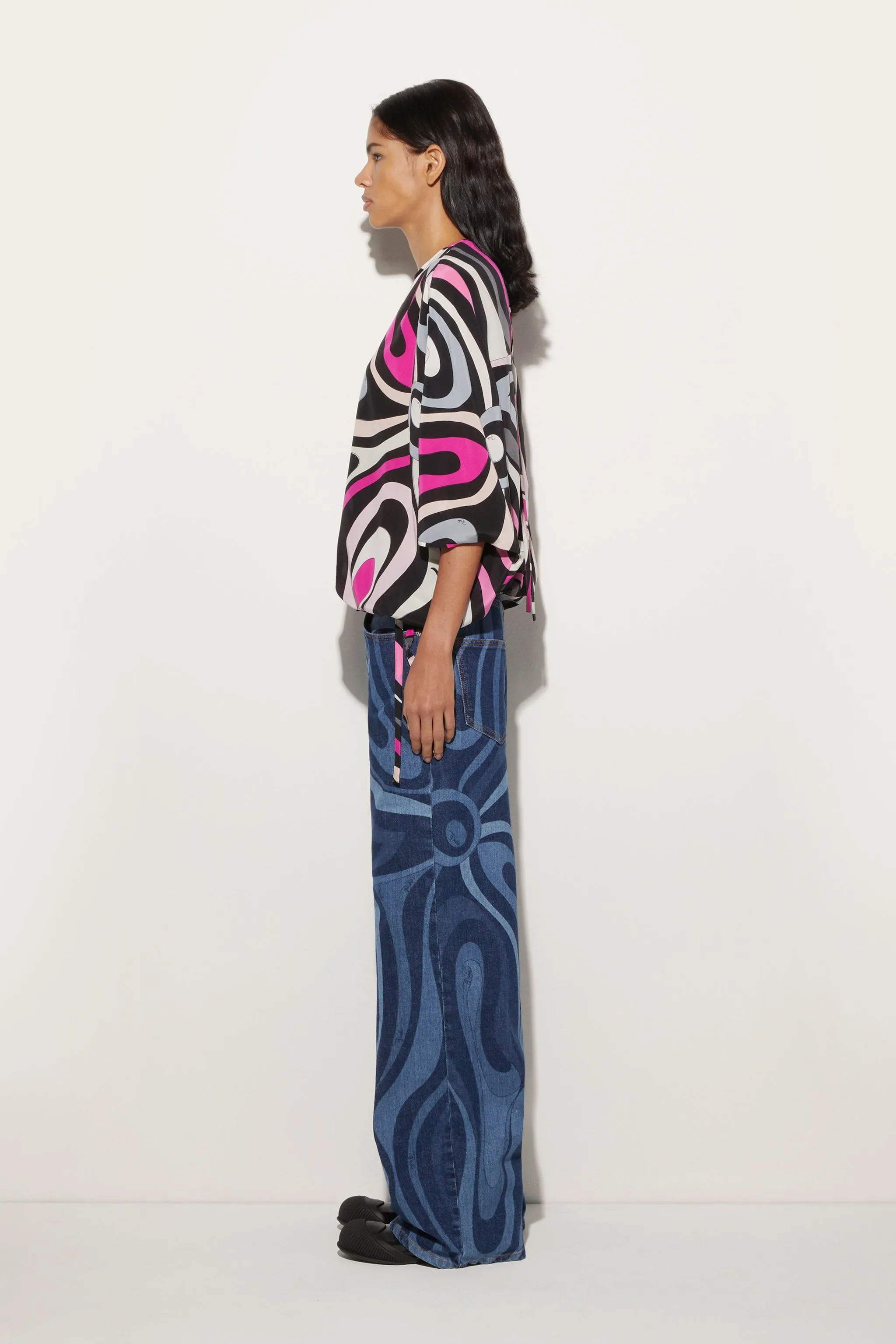 Adjustable Hem Marmo Print Cape Blouse