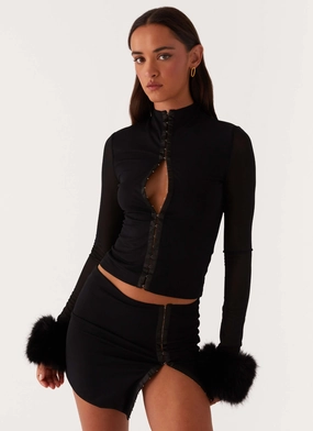 Tayanna Fur Trim Long Sleeve Top - Black Chilly Day Layers Air Layer