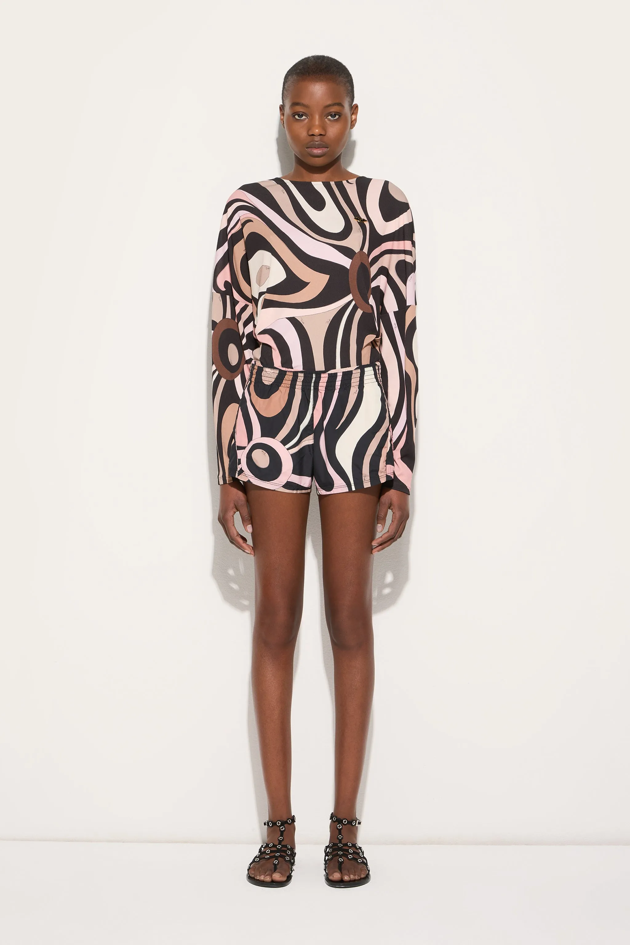 Bodysuit with Marmo Print Cape Sleeves Ventilated Back