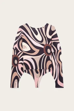 Bodysuit with Marmo Print Cape Sleeves Country Escape Round Collar