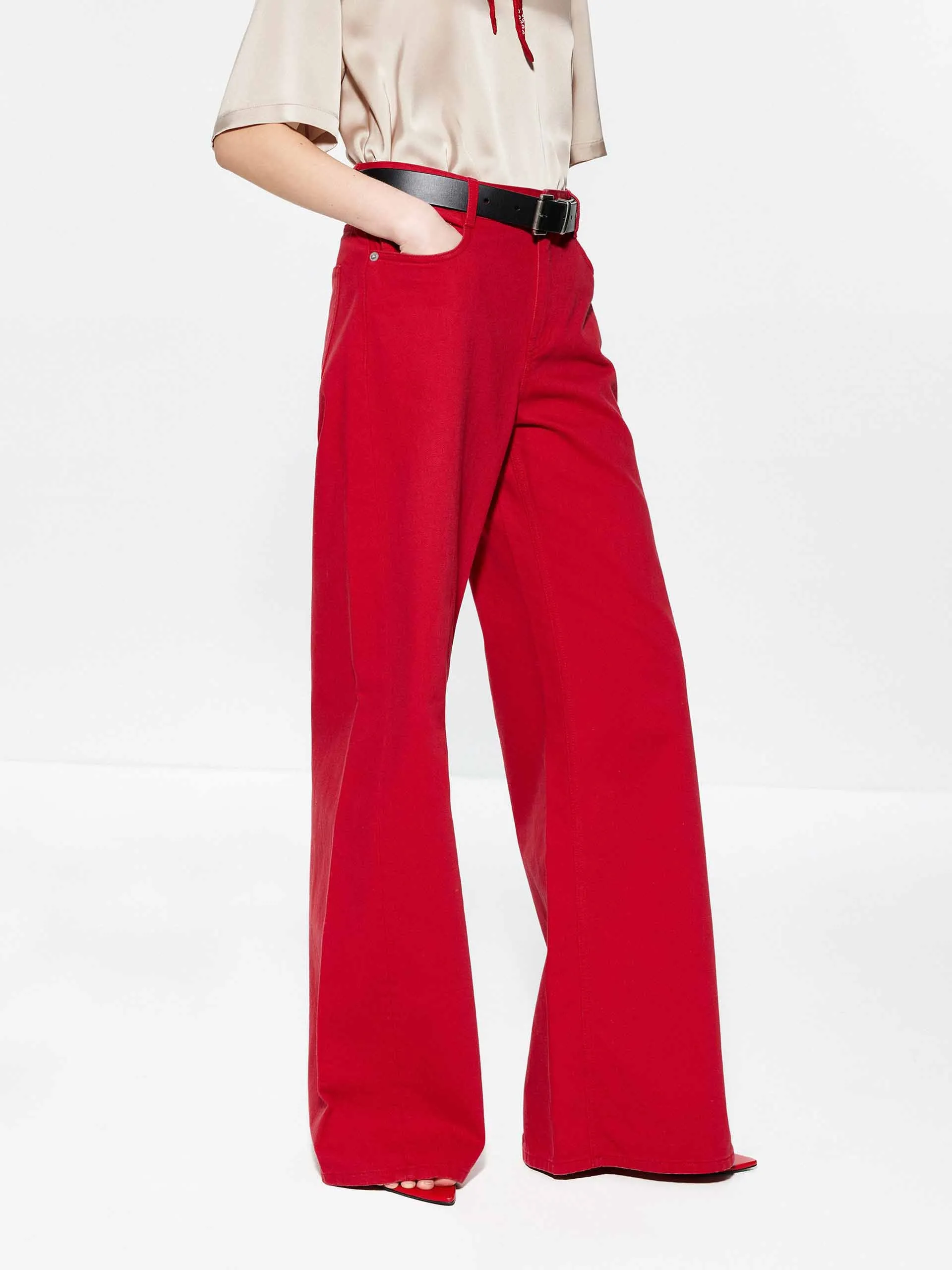 Minimalist Styling Red Wide Leg Cotton Jeans