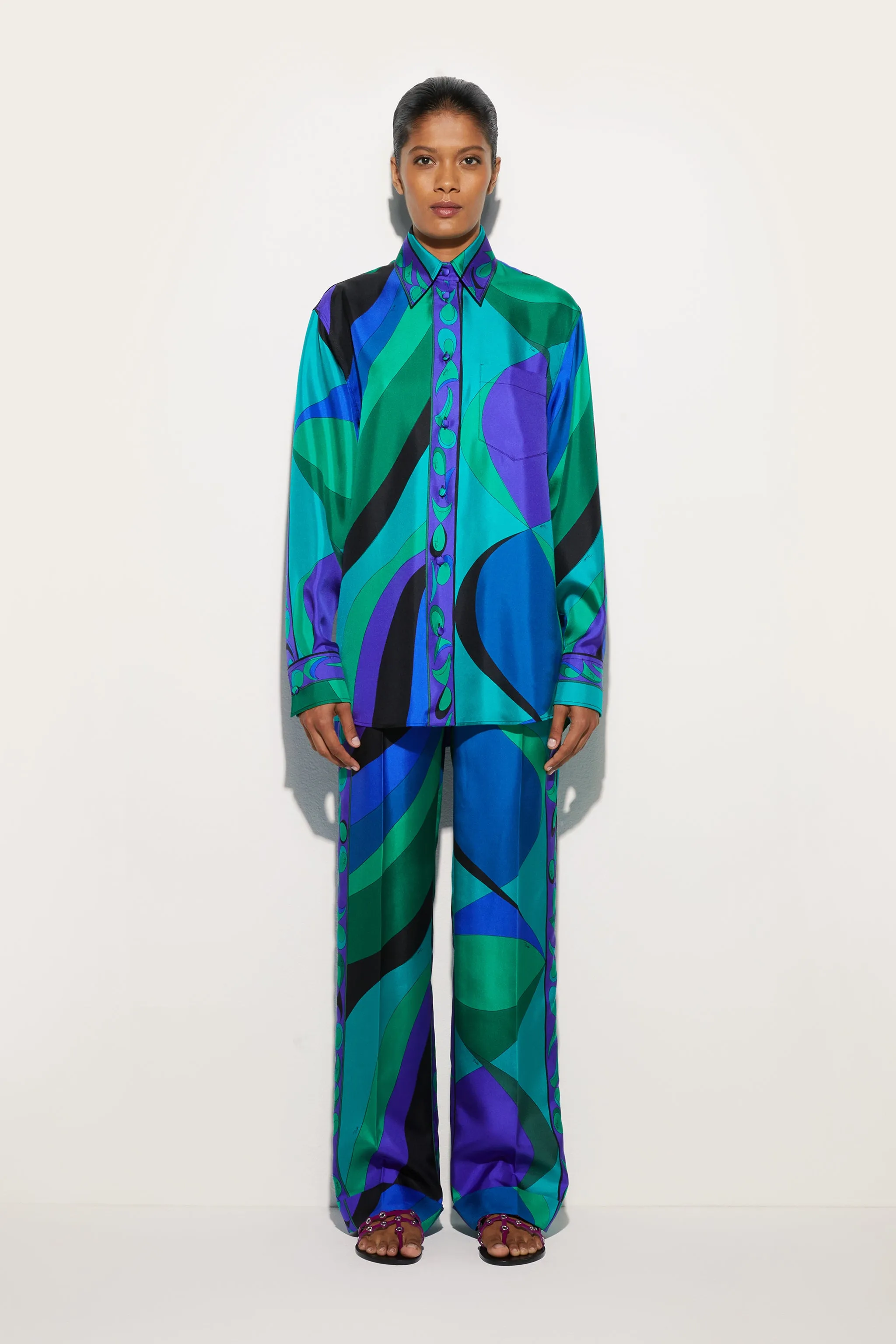 Relaxed Style Fashionable Pick Pesci Print Silk Oversized Shirt