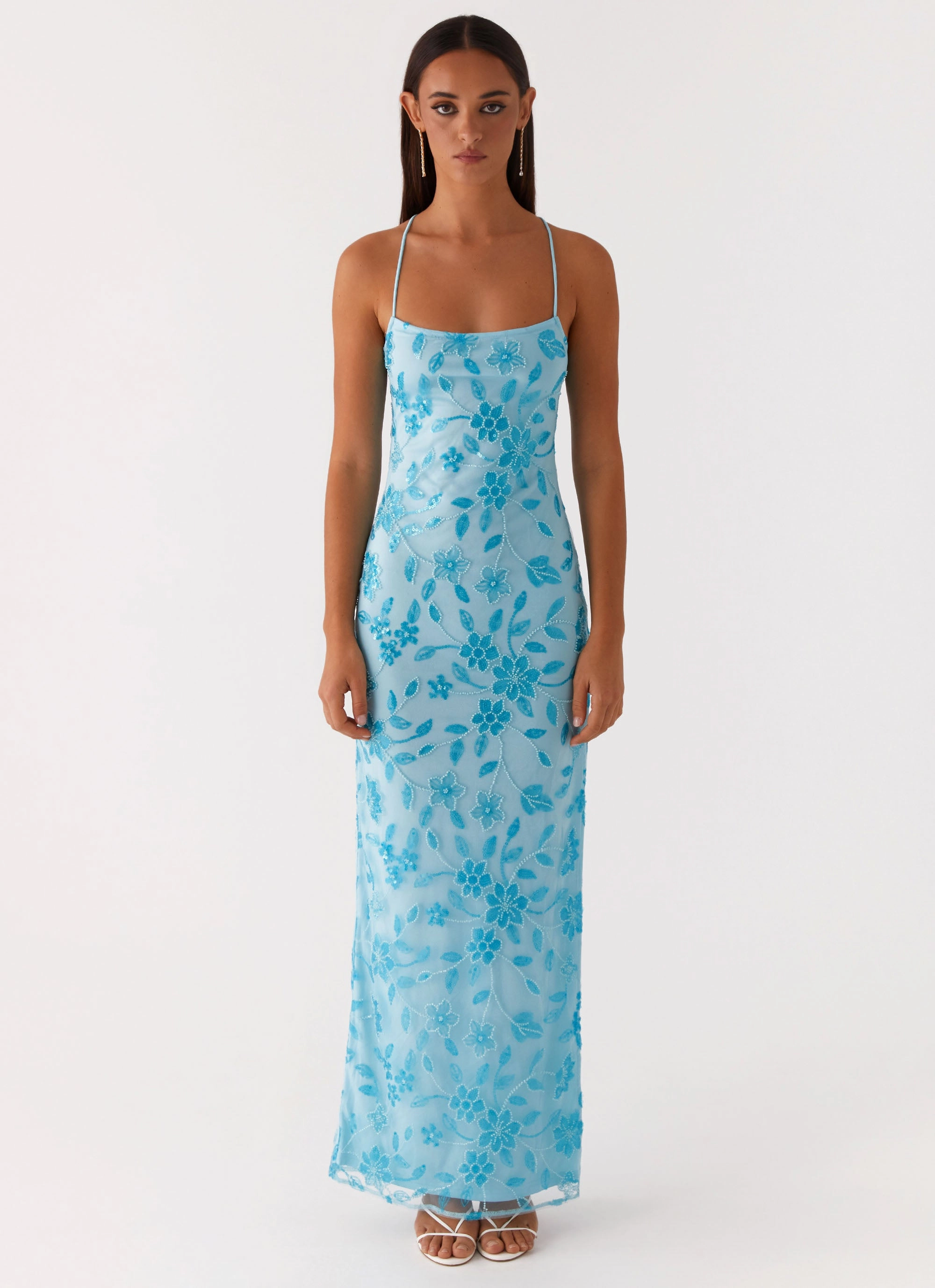 Bright Lights Beaded Maxi Dress - Blue Tie-Detail Flow Sleeve