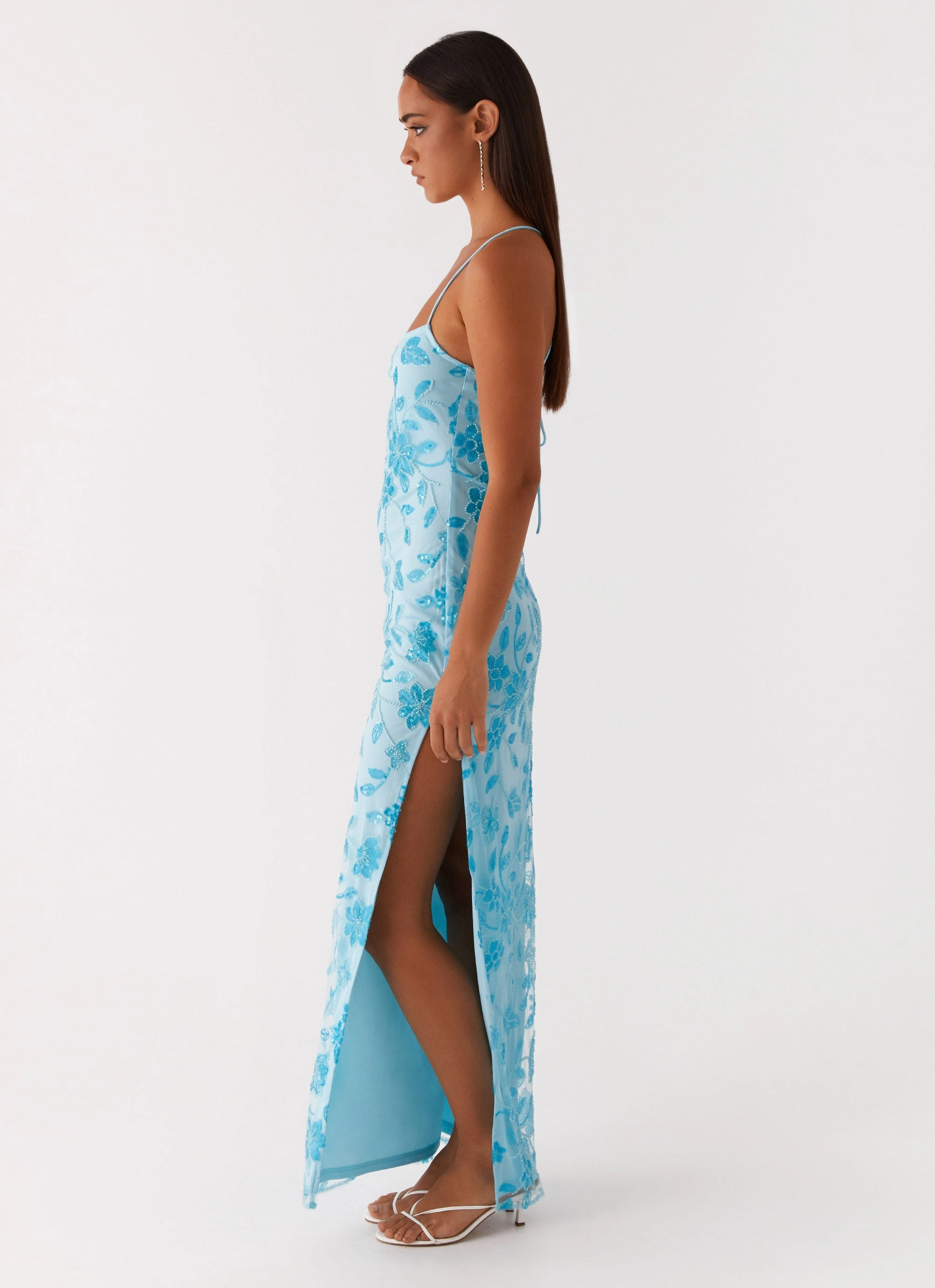Romantic dinner wear Perfect For Any Occasion Bright Lights Beaded Maxi Dress - Blue