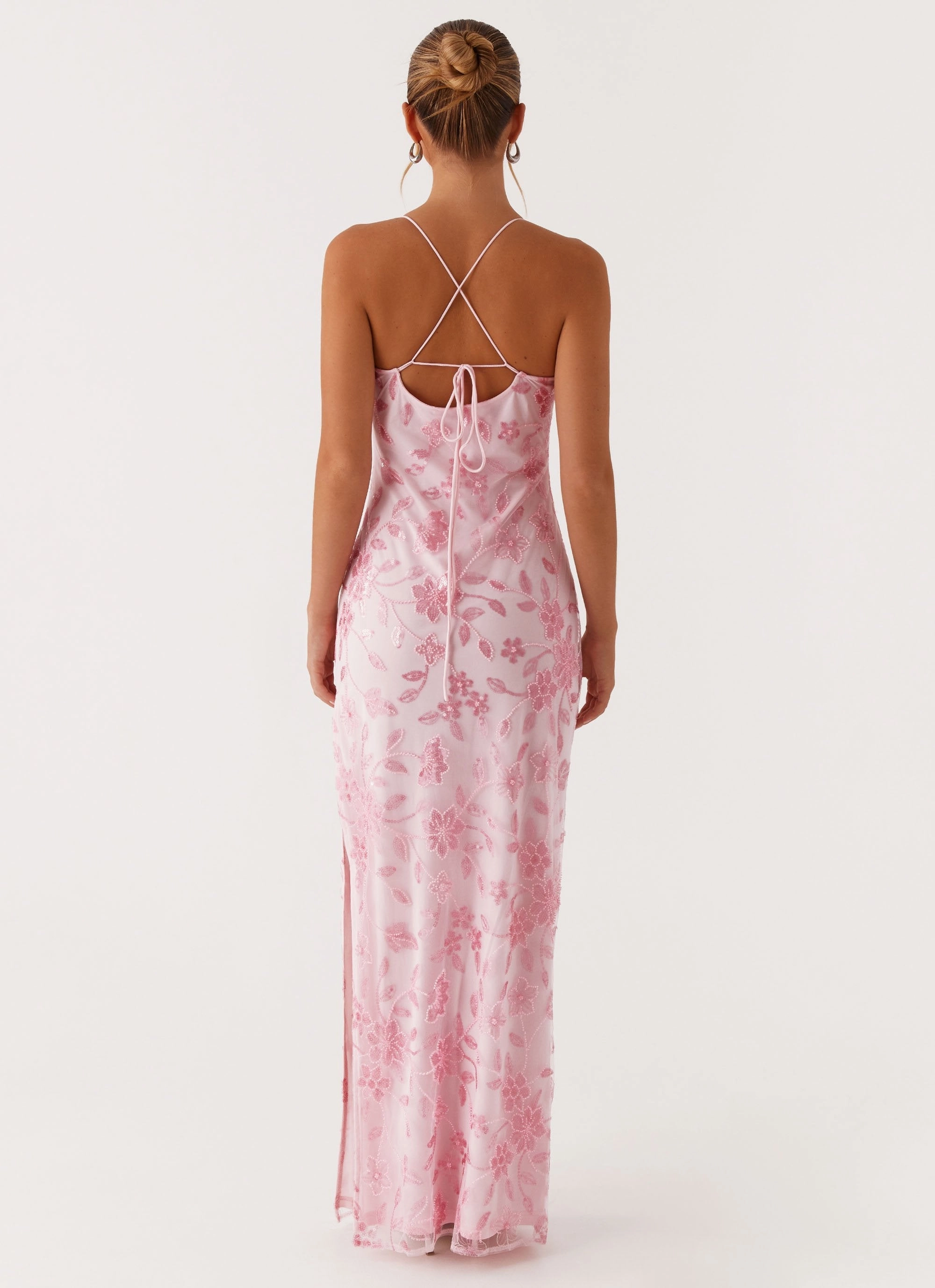 Bright Lights Beaded Maxi Dress - Pink Asymmetrical hem