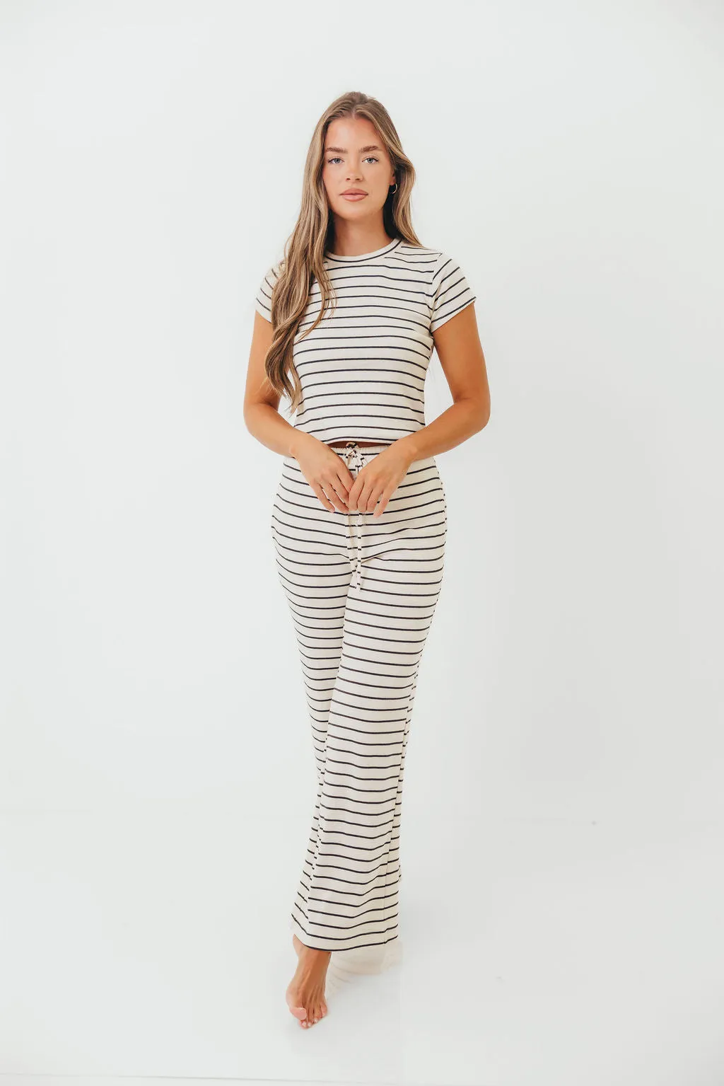 Sleek Wear Call Me Striped Top and Pants Set in Cream Black