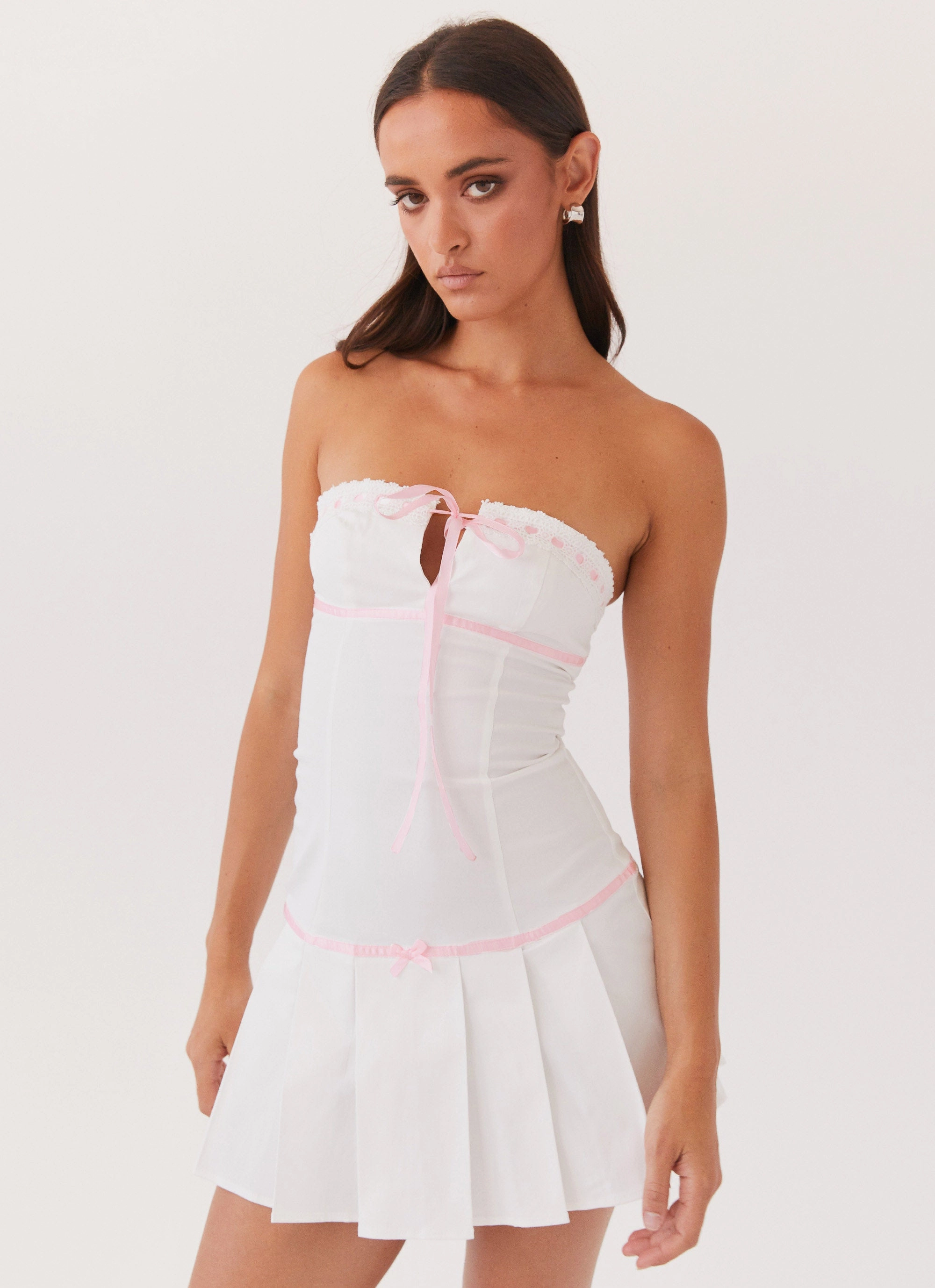 Travel-friendly Bold Structure Candy Coated Bustier Mini Dress - Pink Ribbon
