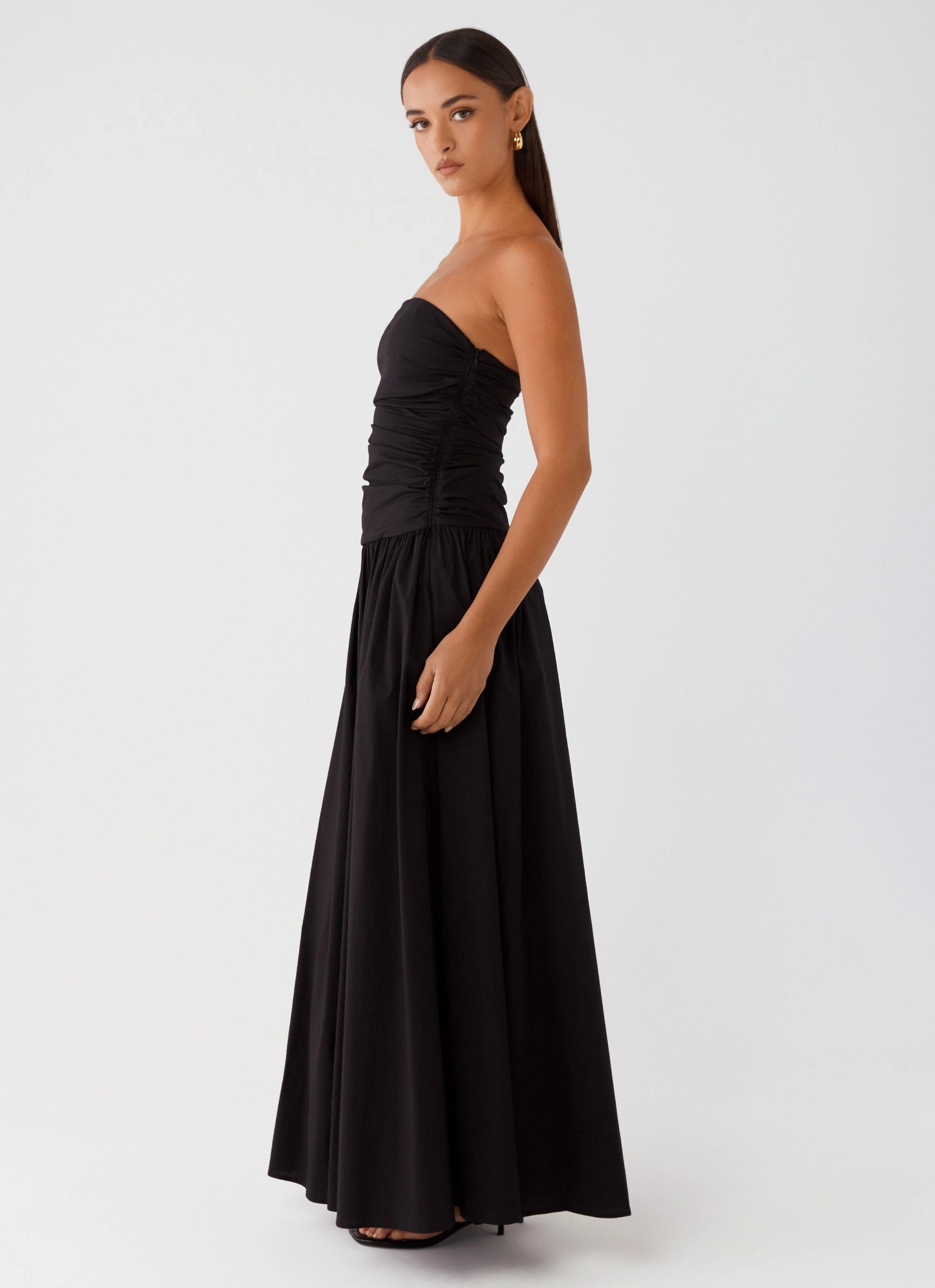 Carmel Maxi Dress - Black button detail Satin Finish