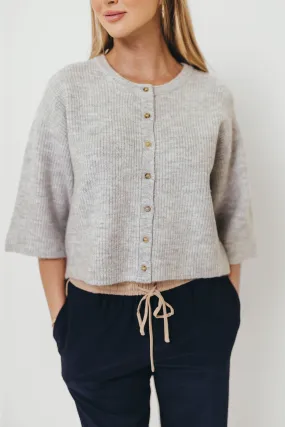 Caroline Button Down 3/4 Sleeve Sweater Cardigan in Heather Grey Quick Dry Knitwear