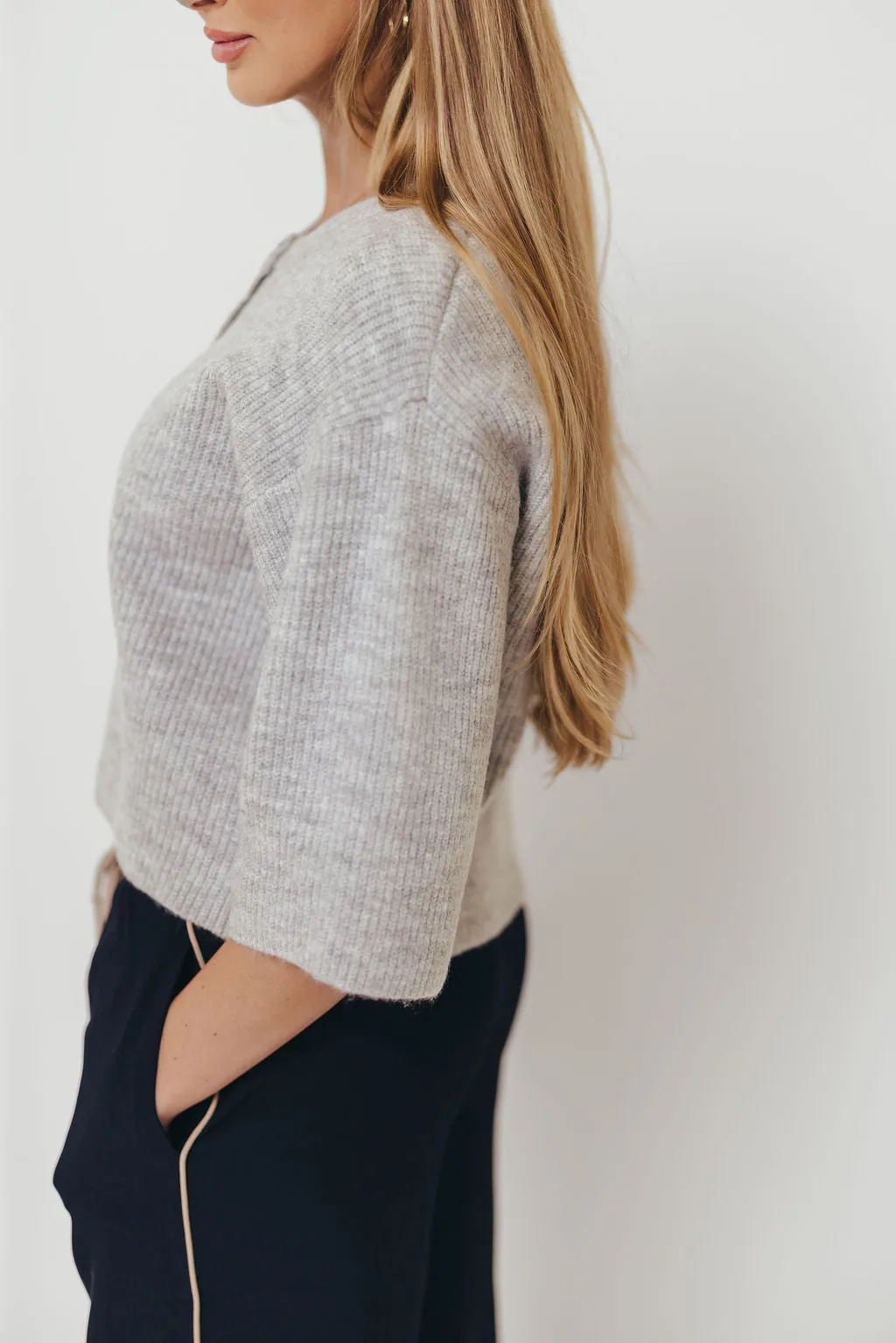Caroline Button Down 3/4 Sleeve Sweater Cardigan in Heather Grey City Casual Style Easy Layering