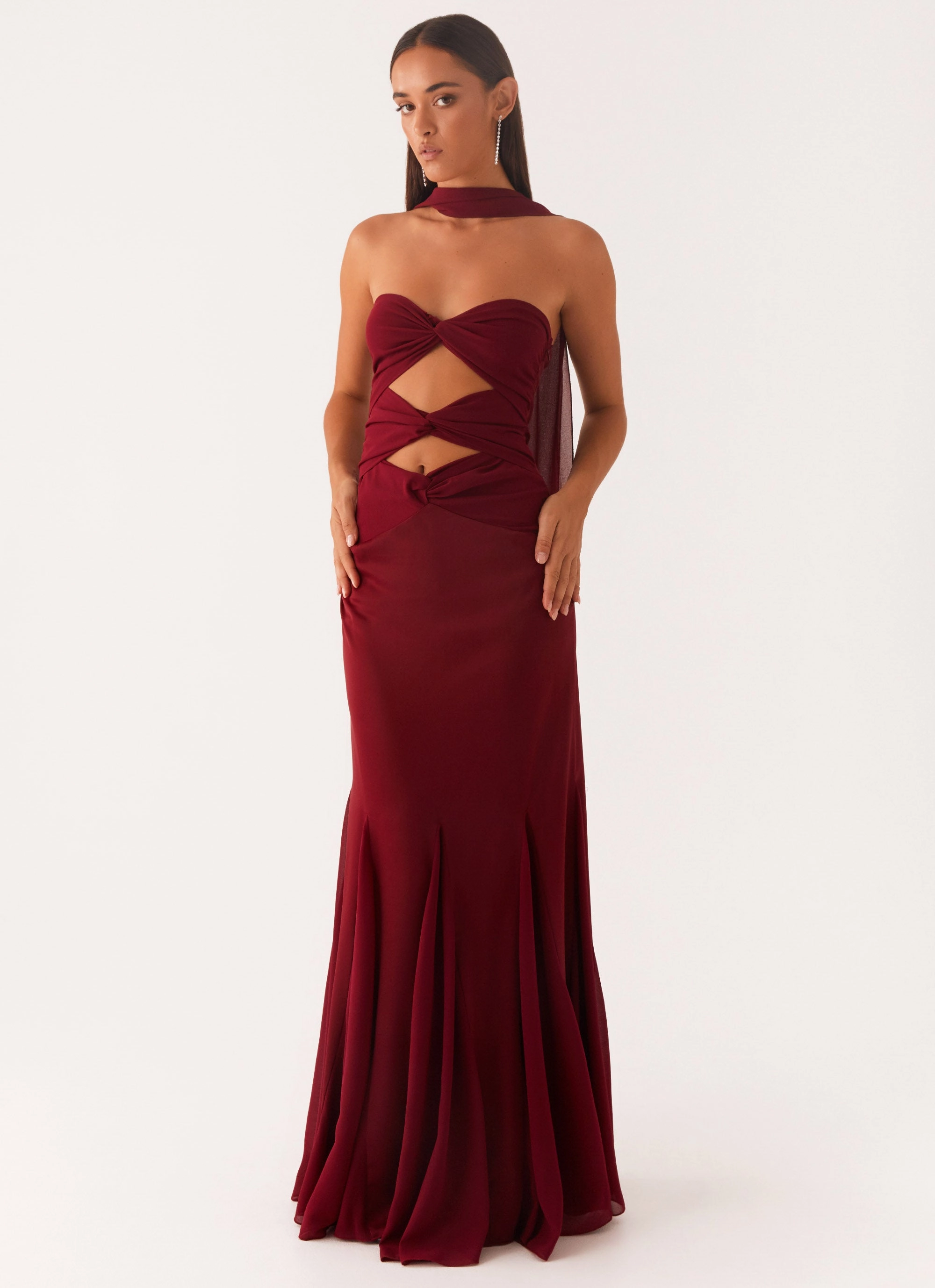 Melrose Satin Chiffon Maxi Dress - Deep Red Trendy Design