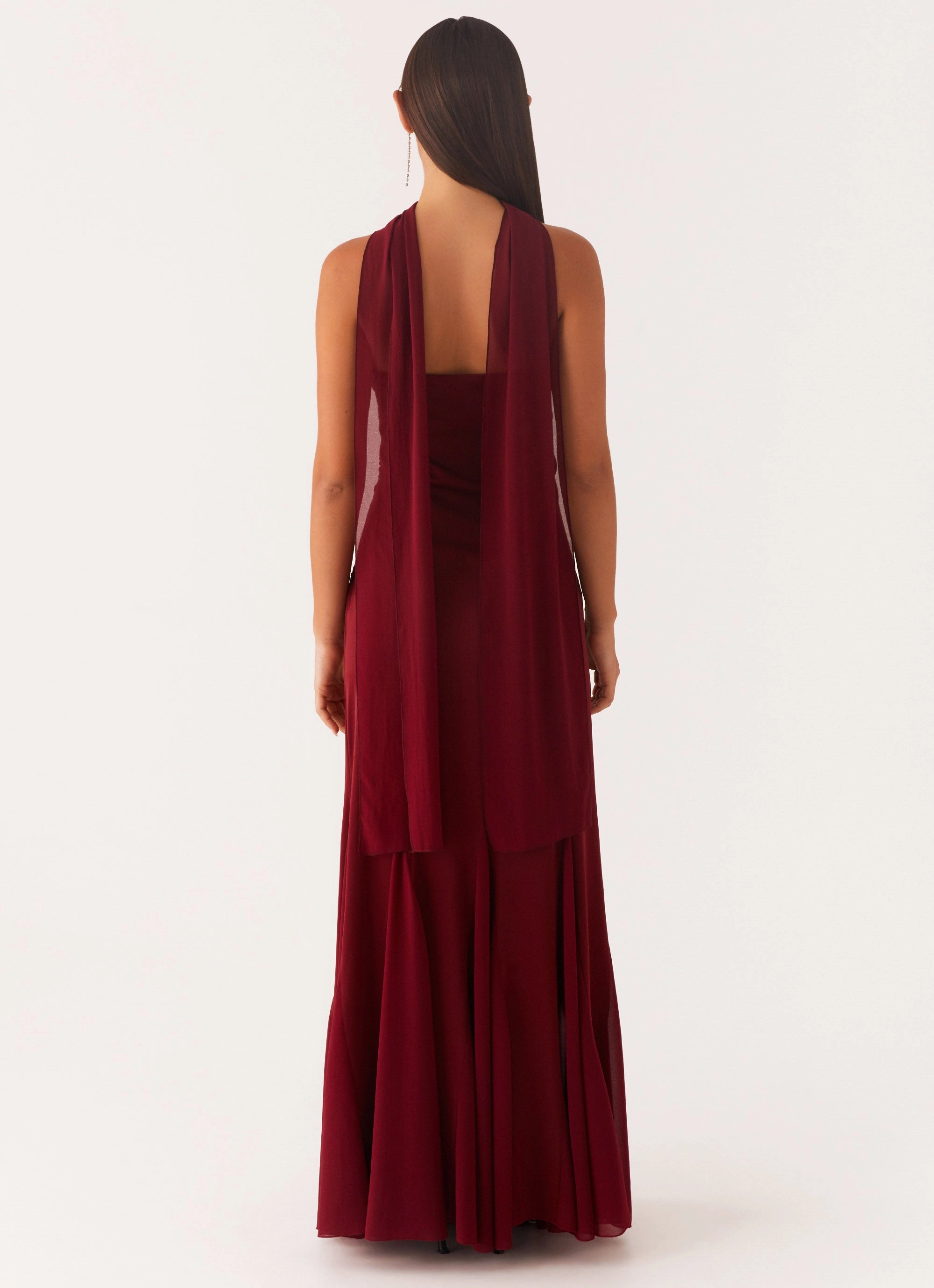 Melrose Satin Chiffon Maxi Dress - Deep Red Wardrobe-Staple High Neck