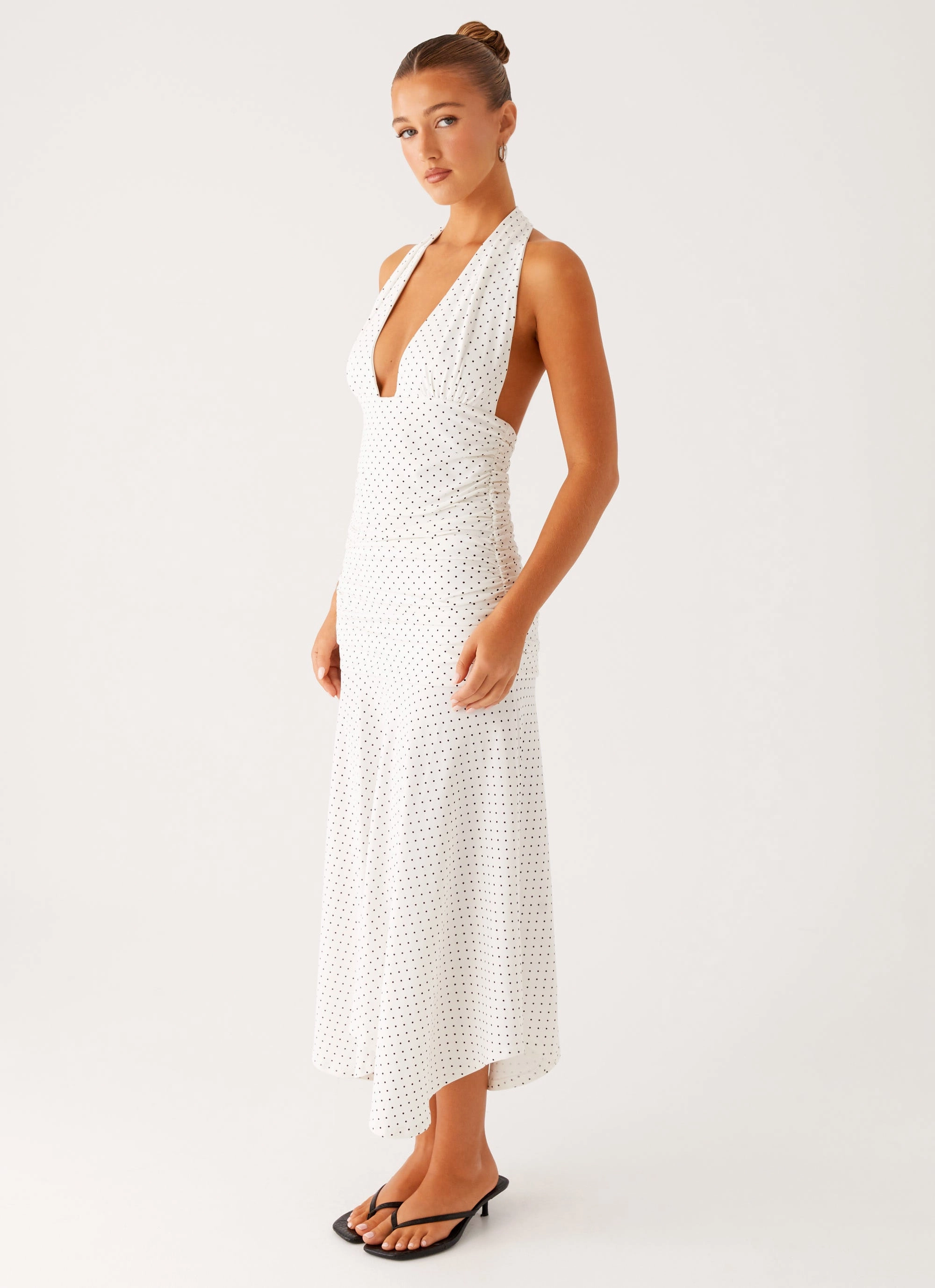 Grettana Halter Neck Midi Dress - White Polka Dot Slimming Shape