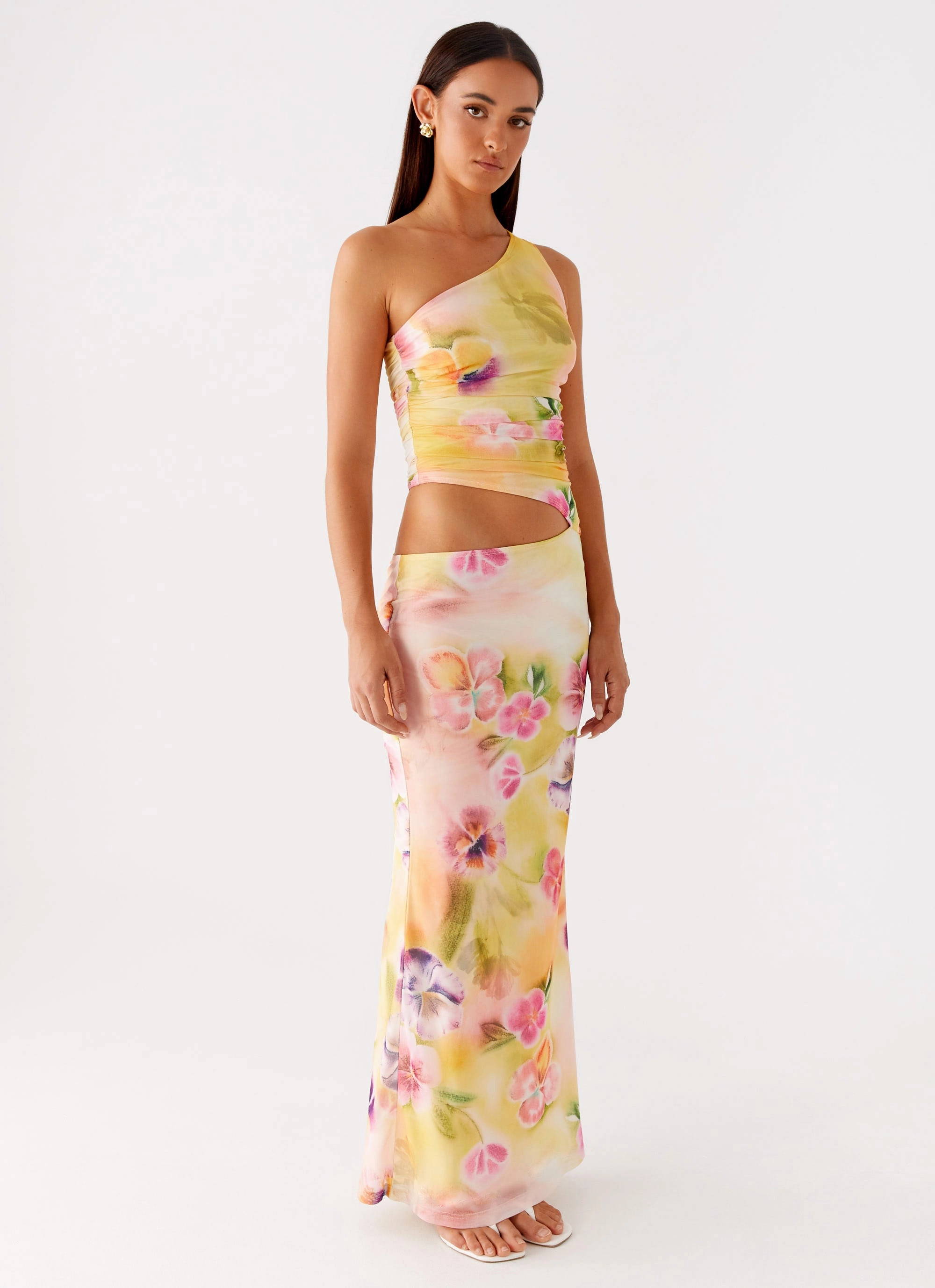 Seranella One Shoulder Maxi Dress - Sunburst Floral Vibrant Look Feminine Design