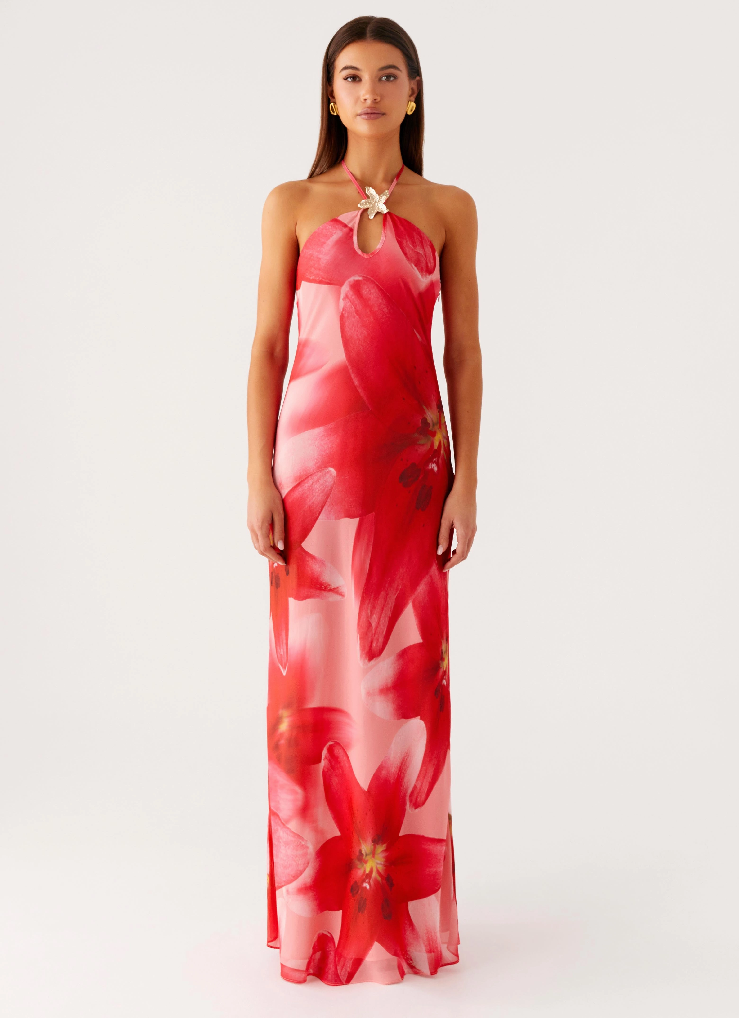 Vatiana Chiffon Maxi Dress - Peach Watermelon Flower Boho Aesthetic Grace Walk