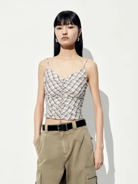 Hidden Button Placket Checked V-neck Cami Top