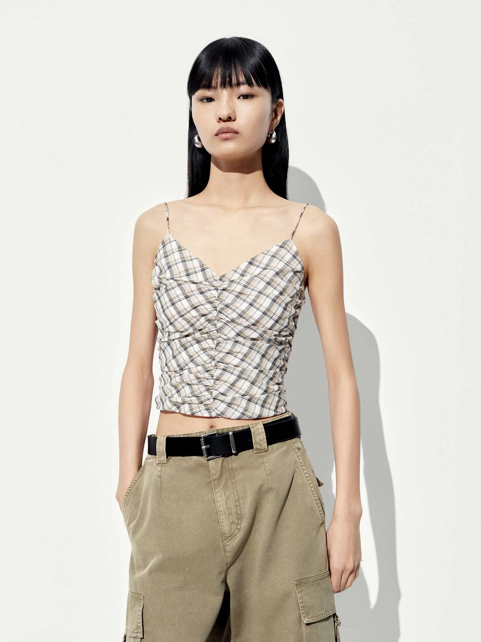 Checked V-neck Cami Top Reinforced Shoulders Thermoregulating Layer