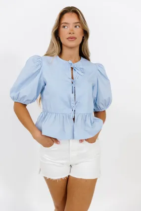 Stretch Ribbing Relaxed Style Mabel Knot Detail Peplum Top in Blue *Final-Sale*