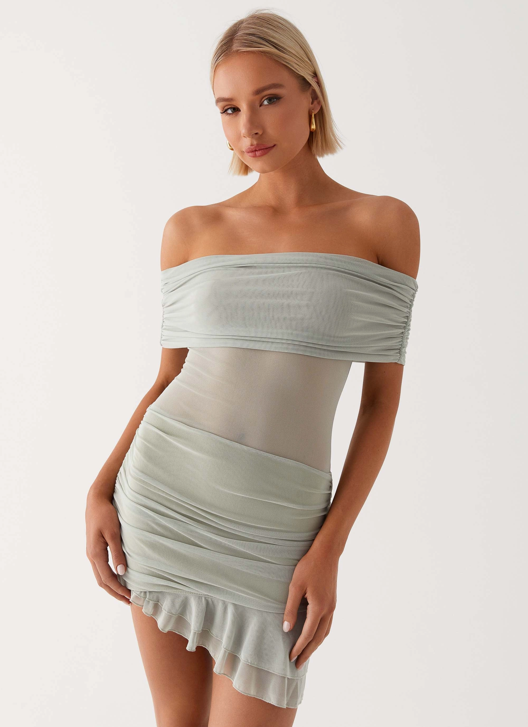 Nelly Off Shoulder Mini Dress - Pistachio Subtle Glow Smart Fit