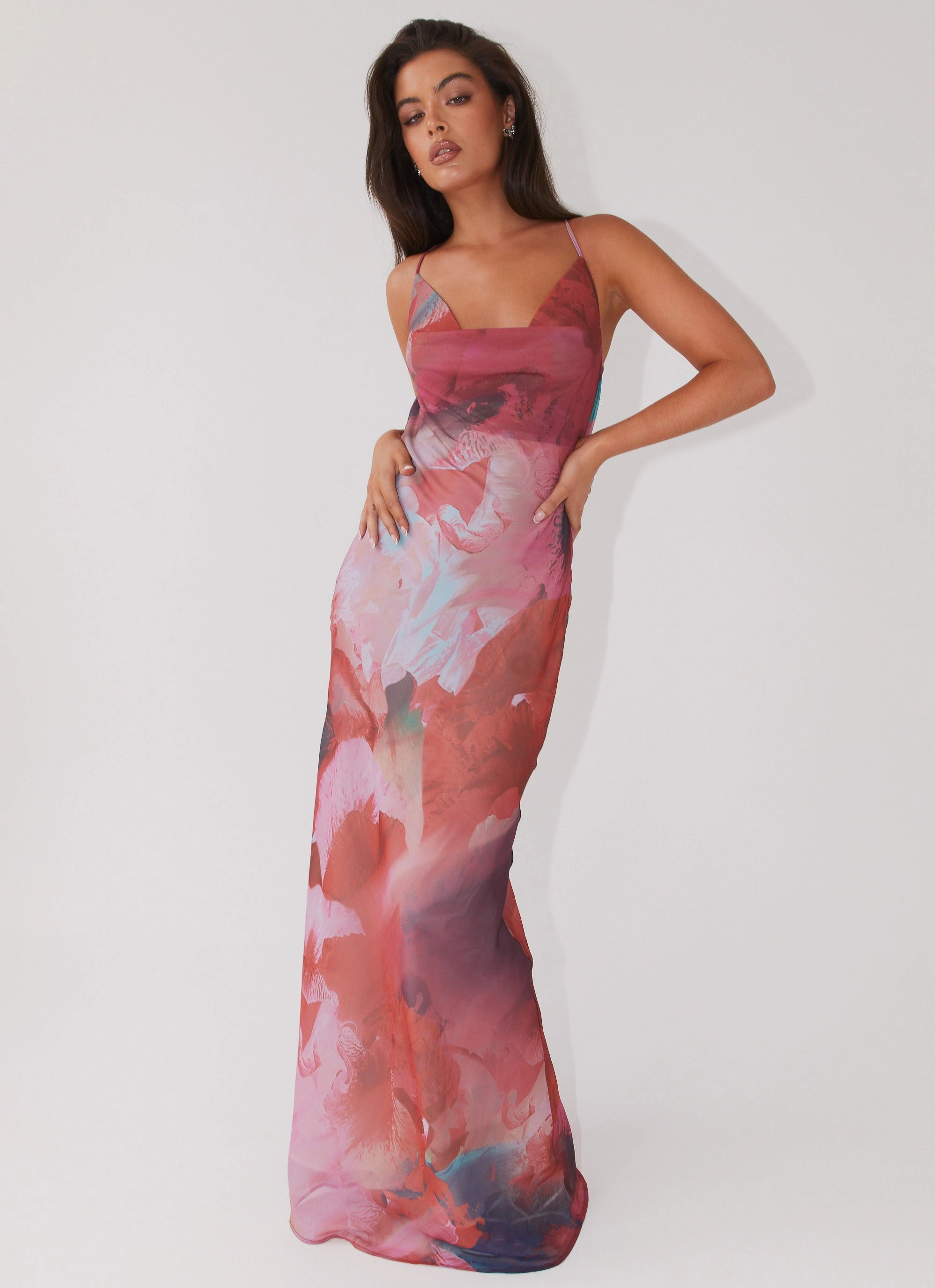 Abigail Cowl Maxi Dress - Scarlet Burst Calm Mood Bare Arm