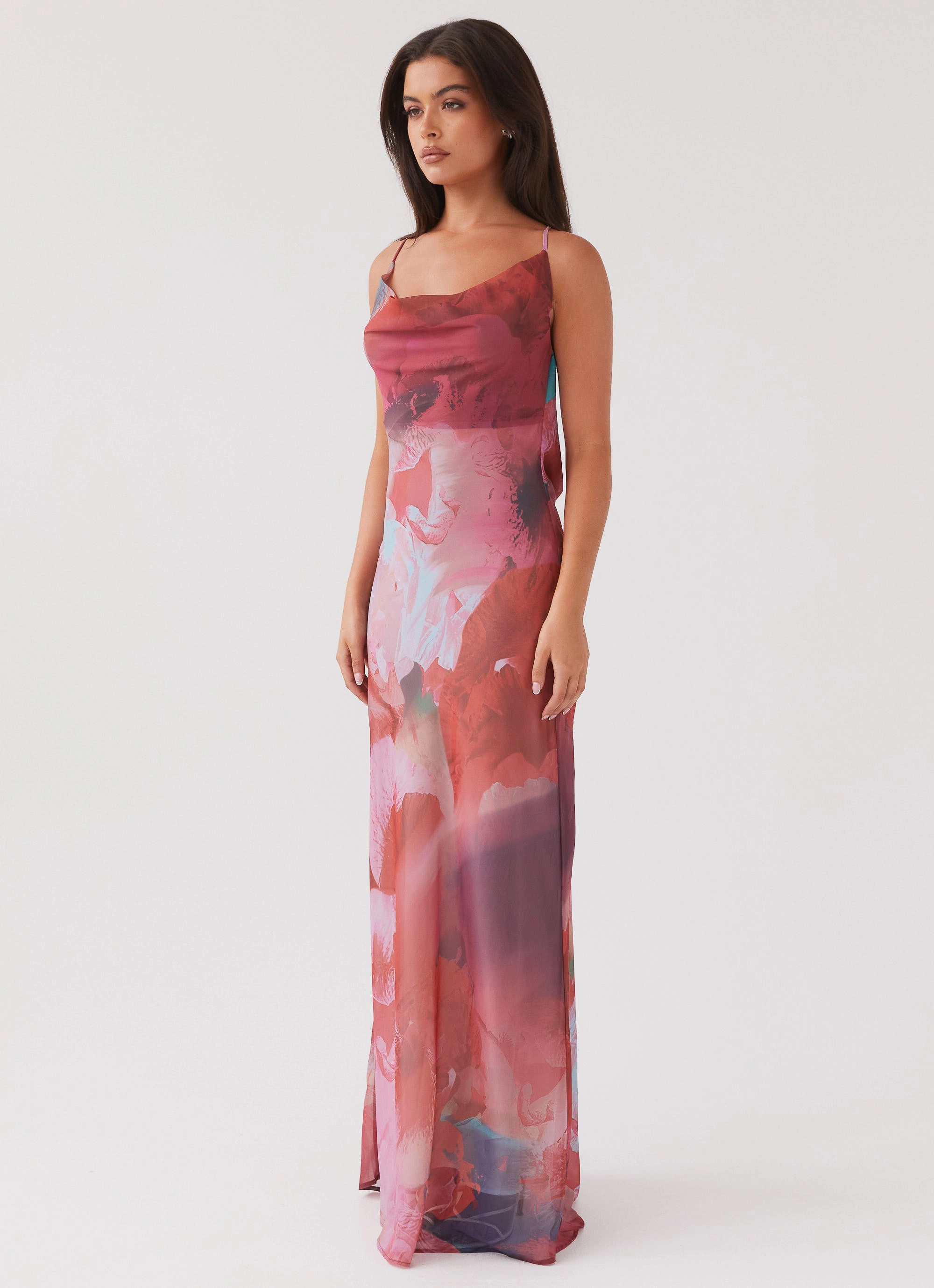 Abigail Cowl Maxi Dress - Scarlet Burst Subtle-Print