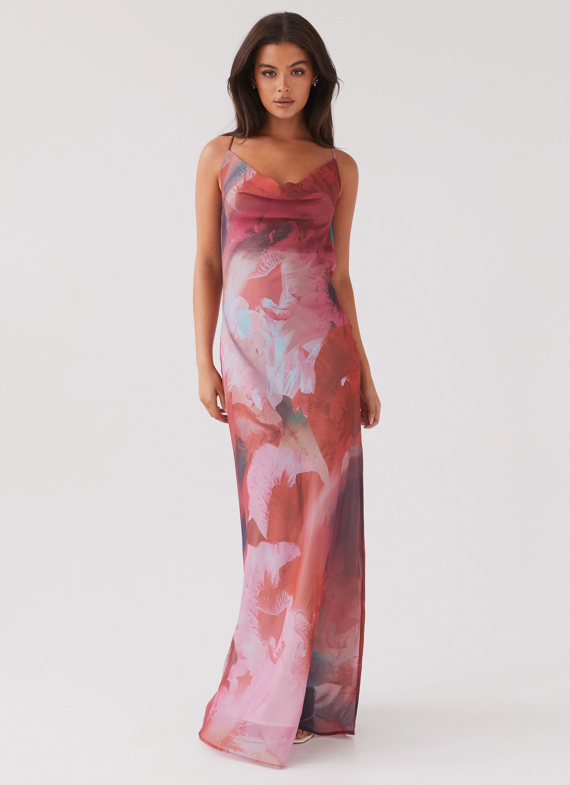 Abigail Cowl Maxi Dress - Scarlet Burst Subtle Motion Cool Layers