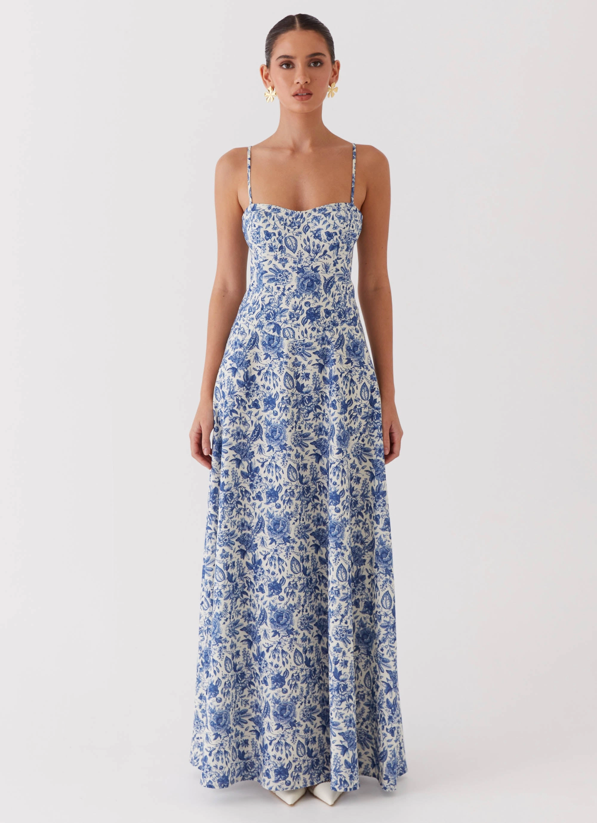 Angelina Linen Maxi Dress - Blue Paisley Simple yet chic gown Soft Structure