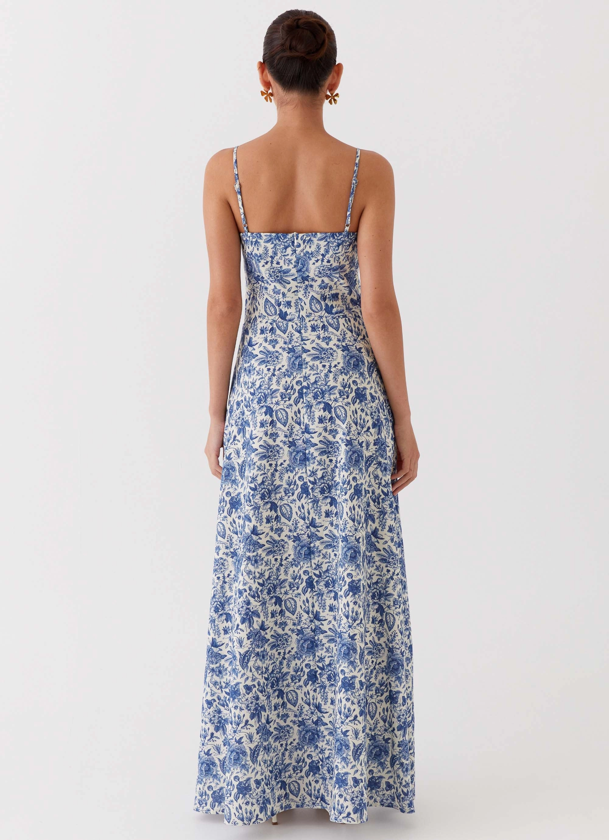 Angelina Linen Maxi Dress - Blue Paisley Comfortable and Soft Subtle Detail