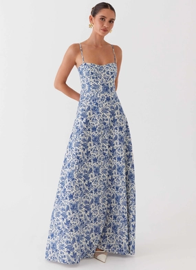 Angelina Linen Maxi Dress - Blue Paisley Fitted Shape