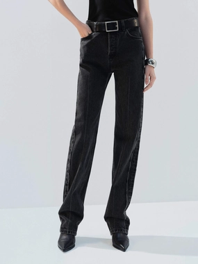 High Waist Black Straight Jeans Flexible Waist Quick Dry Fabric