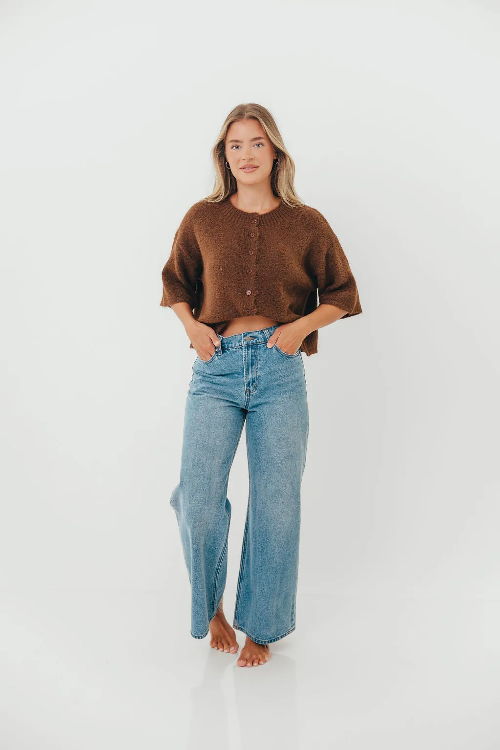 OekoTex Certified Chutney Button-Up Half Sleeve Knit Cardigan Top in Brown