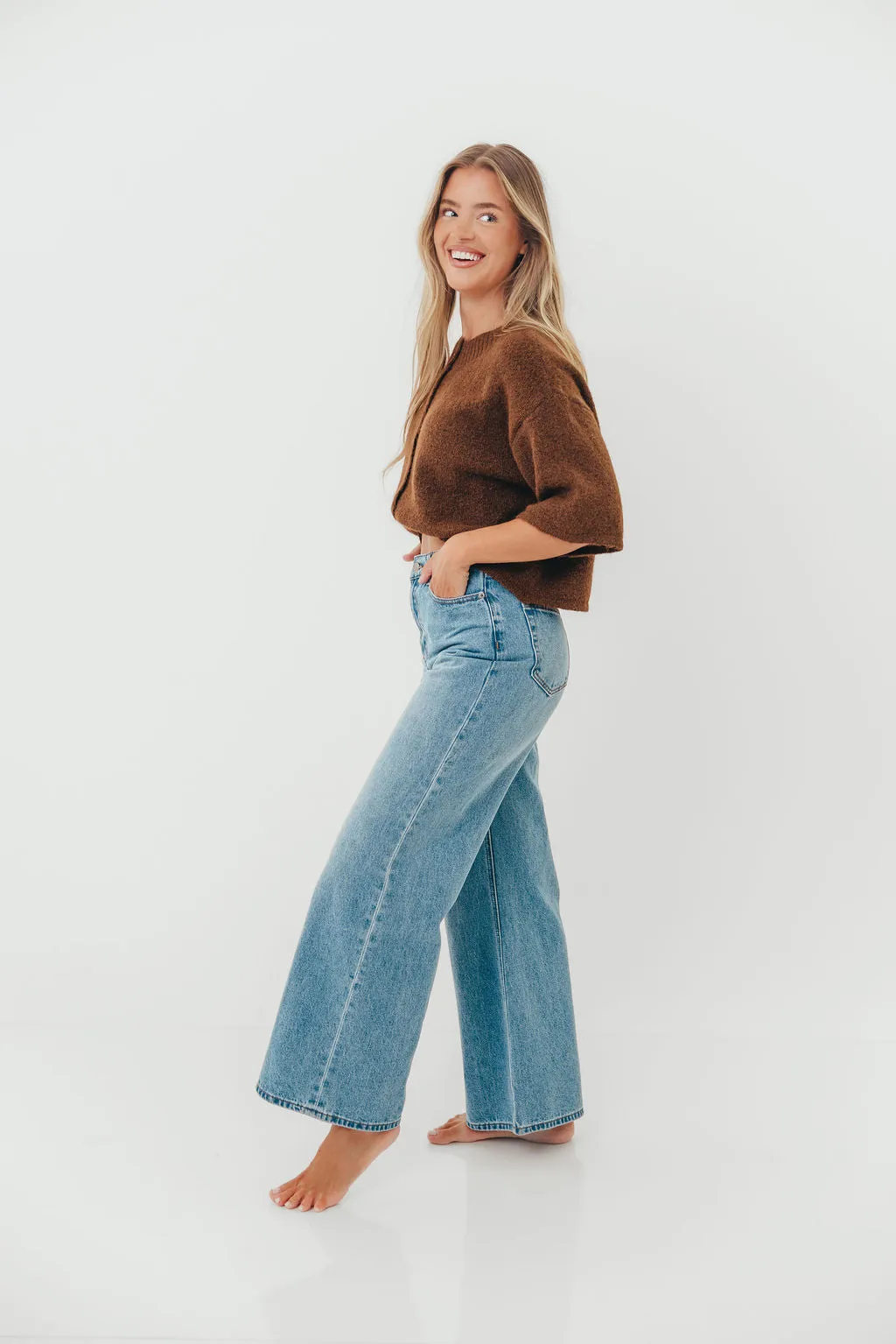 Simple Layered Loungewear Friendly Chutney Button-Up Half Sleeve Knit Cardigan Top in Brown