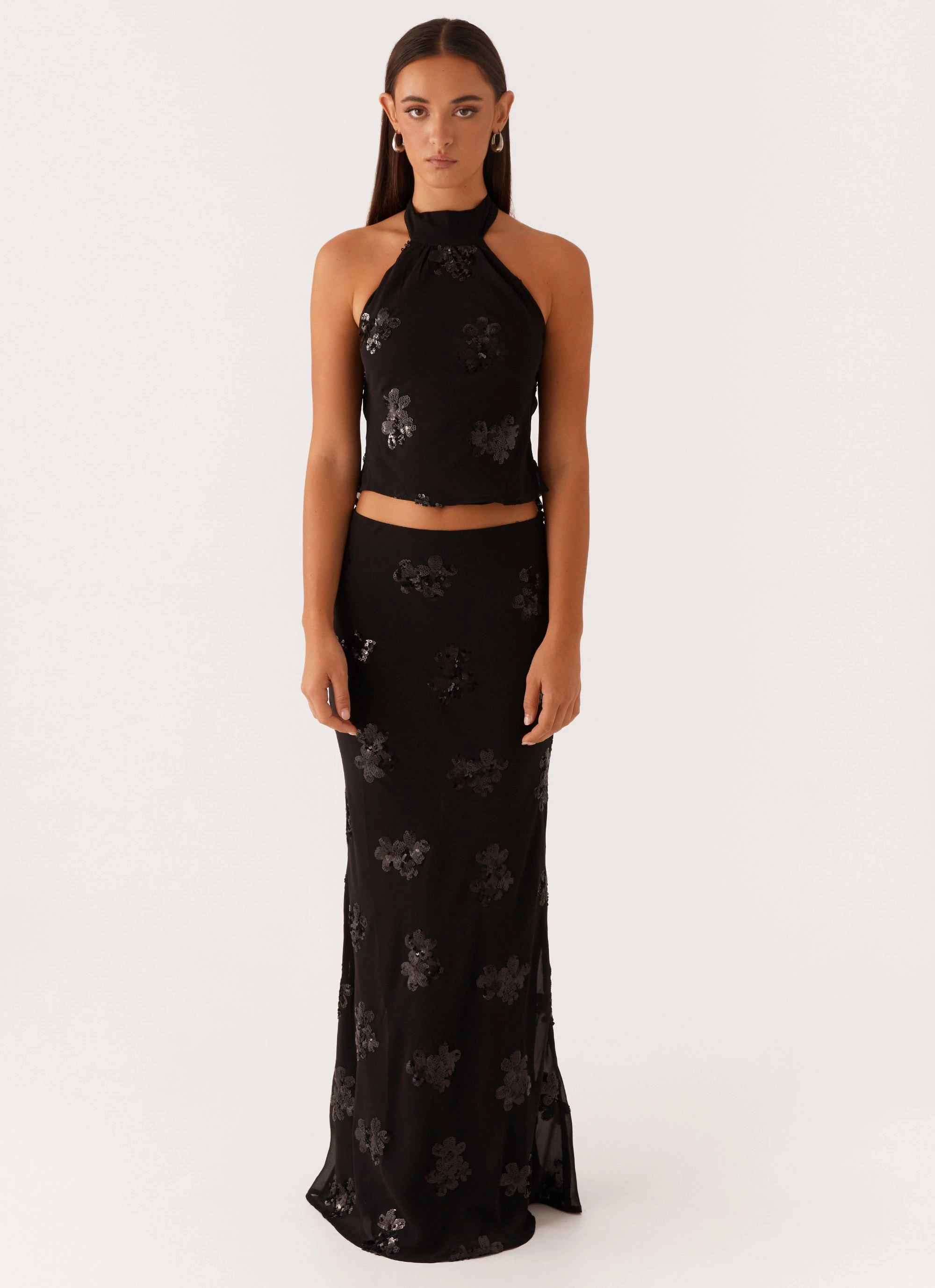 Cillian Sequin Halter Top - Black Textured Flow