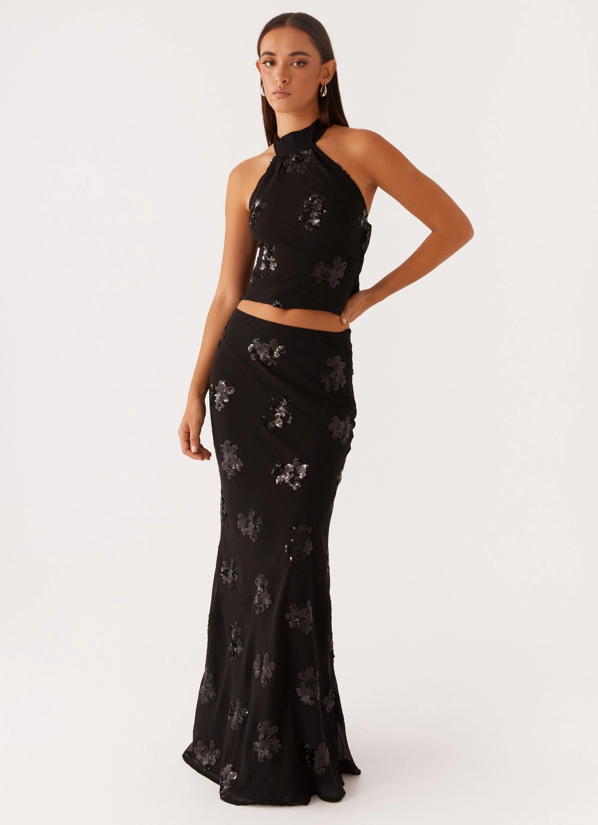 Side-Slit Cillian Sequin Halter Top - Black