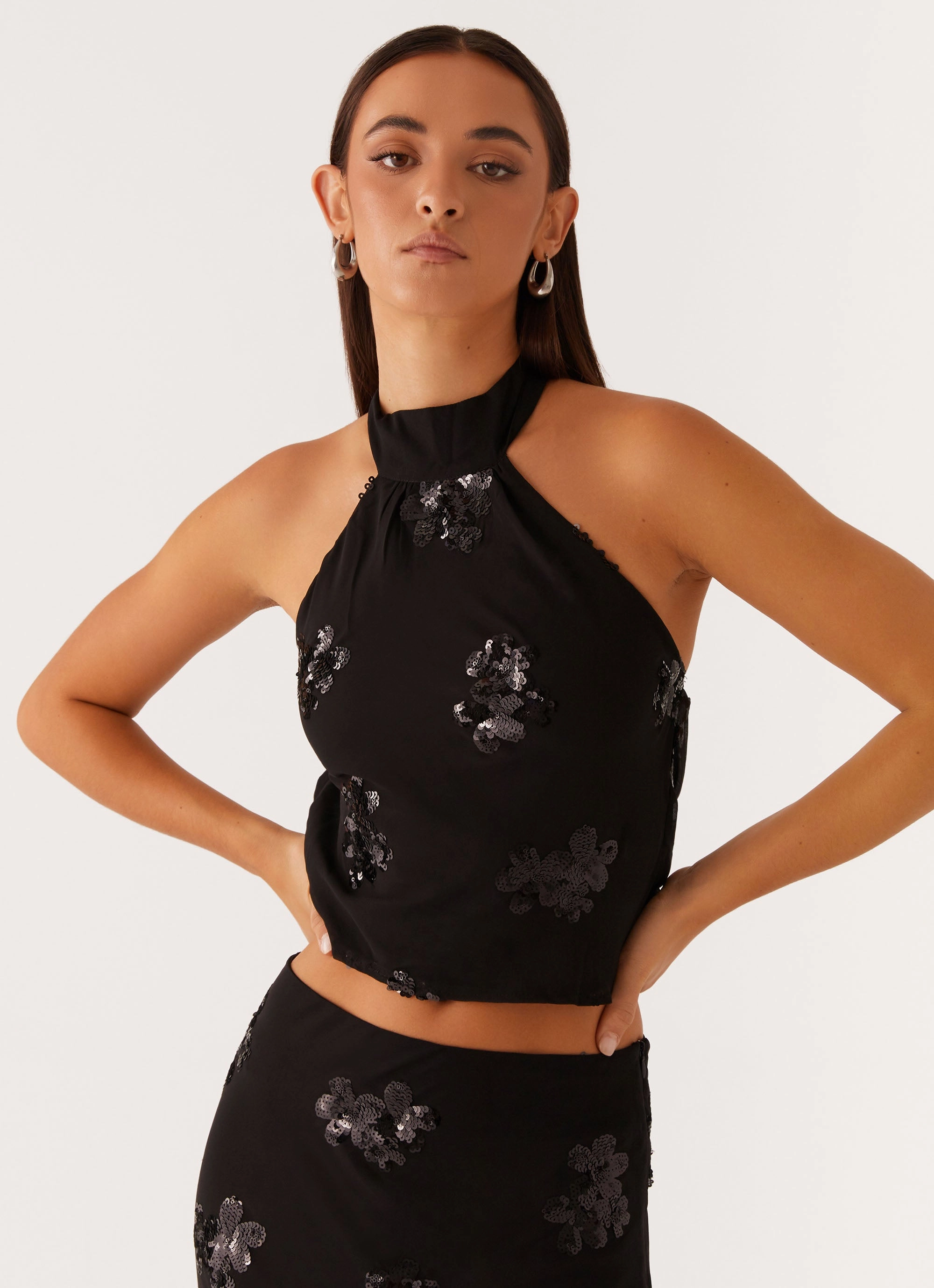 Cillian Sequin Halter Top - Black Sheer Overlay Mood Edge