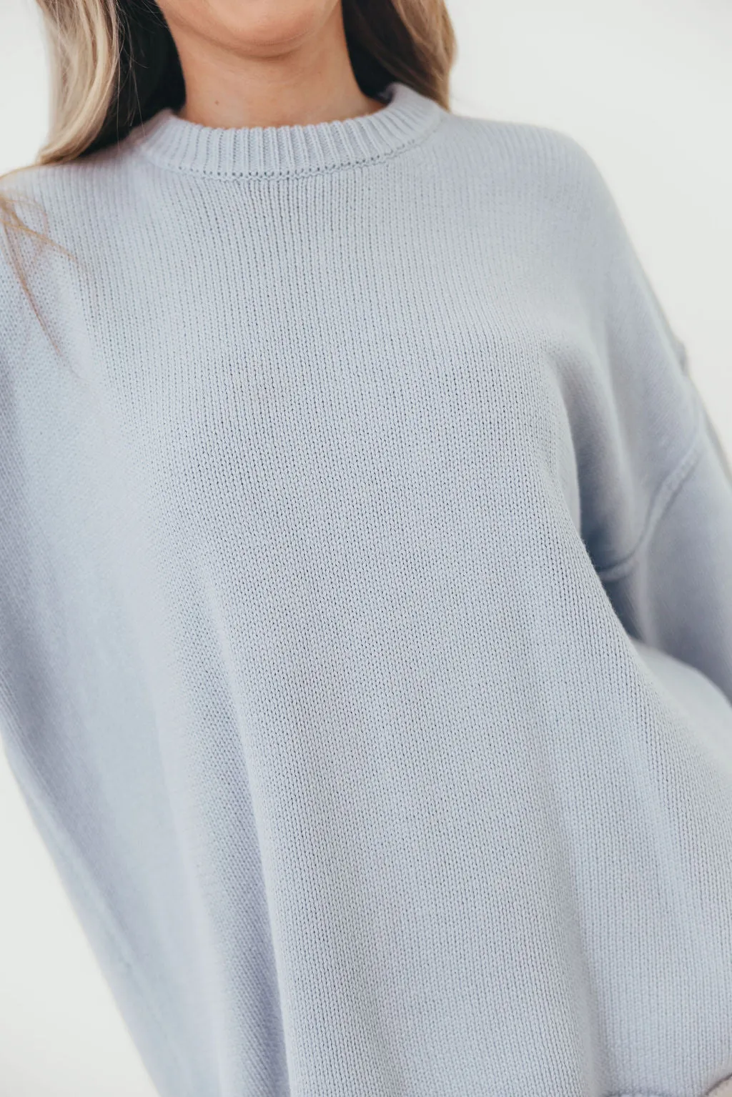 Luna Relaxed Boyfriend Fit Crew Neck Sweater in Misty Blue MultiDirectional Flexibility