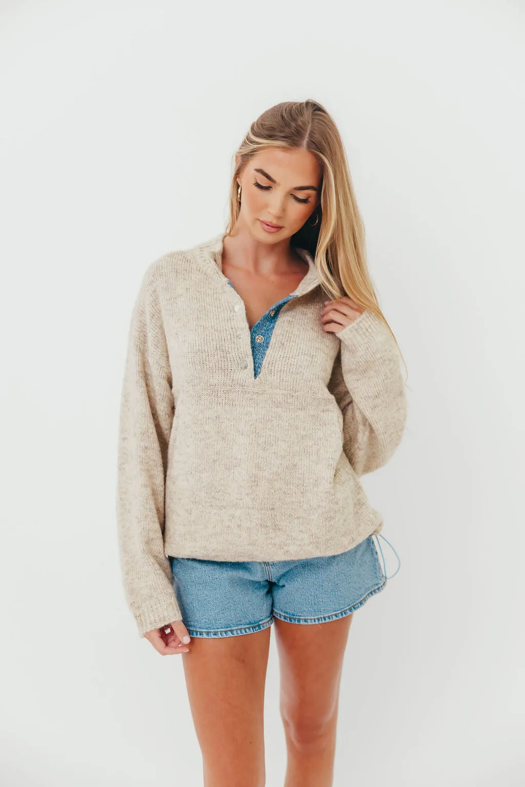 Blythe Two Tone Snap Collar Sweater in Oatmeal Winter Days Interlock Knit Body