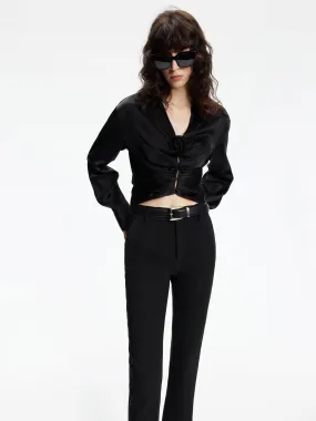 Stylish Element high-low hem V-neck Satin Cropped Blouse