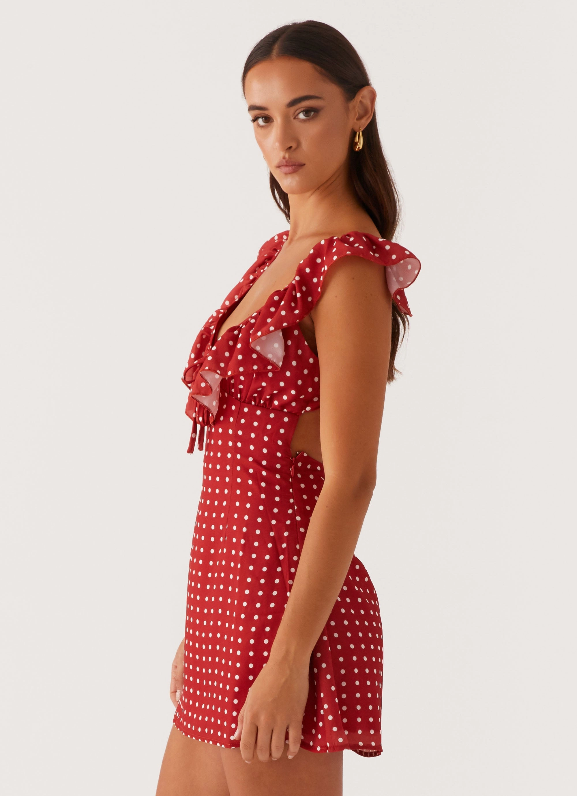 Edgy Layers Light Finish Adrina Ruffle Mini Dress - Red Polka Dot