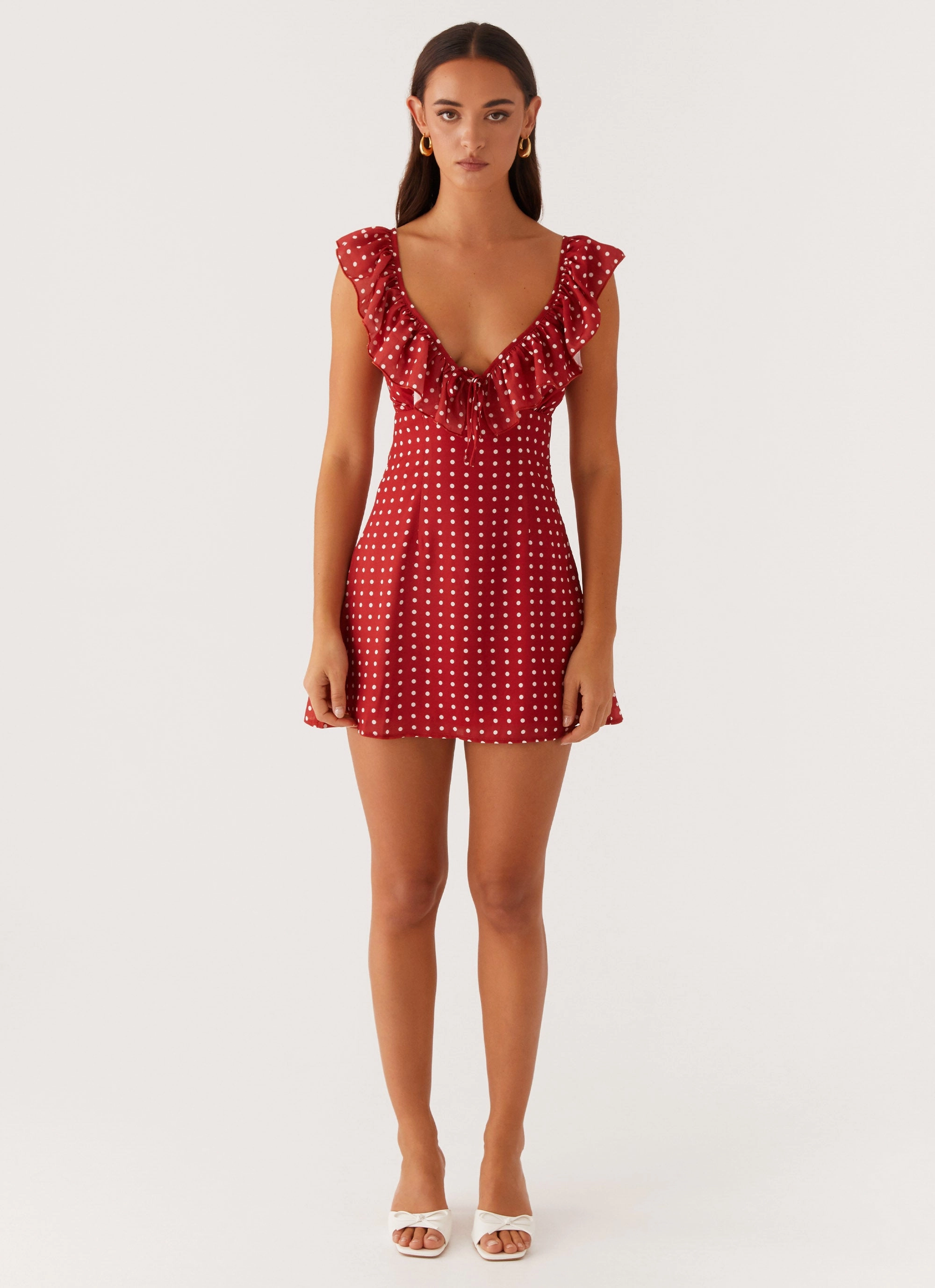 Adrina Ruffle Mini Dress - Red Polka Dot Side Ruching Church Proper