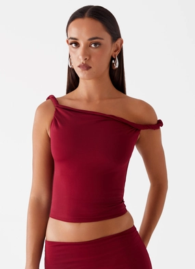 Solace Soul Twist Shoulder Top - Maroon Drape Wave Perfect Fit Wear