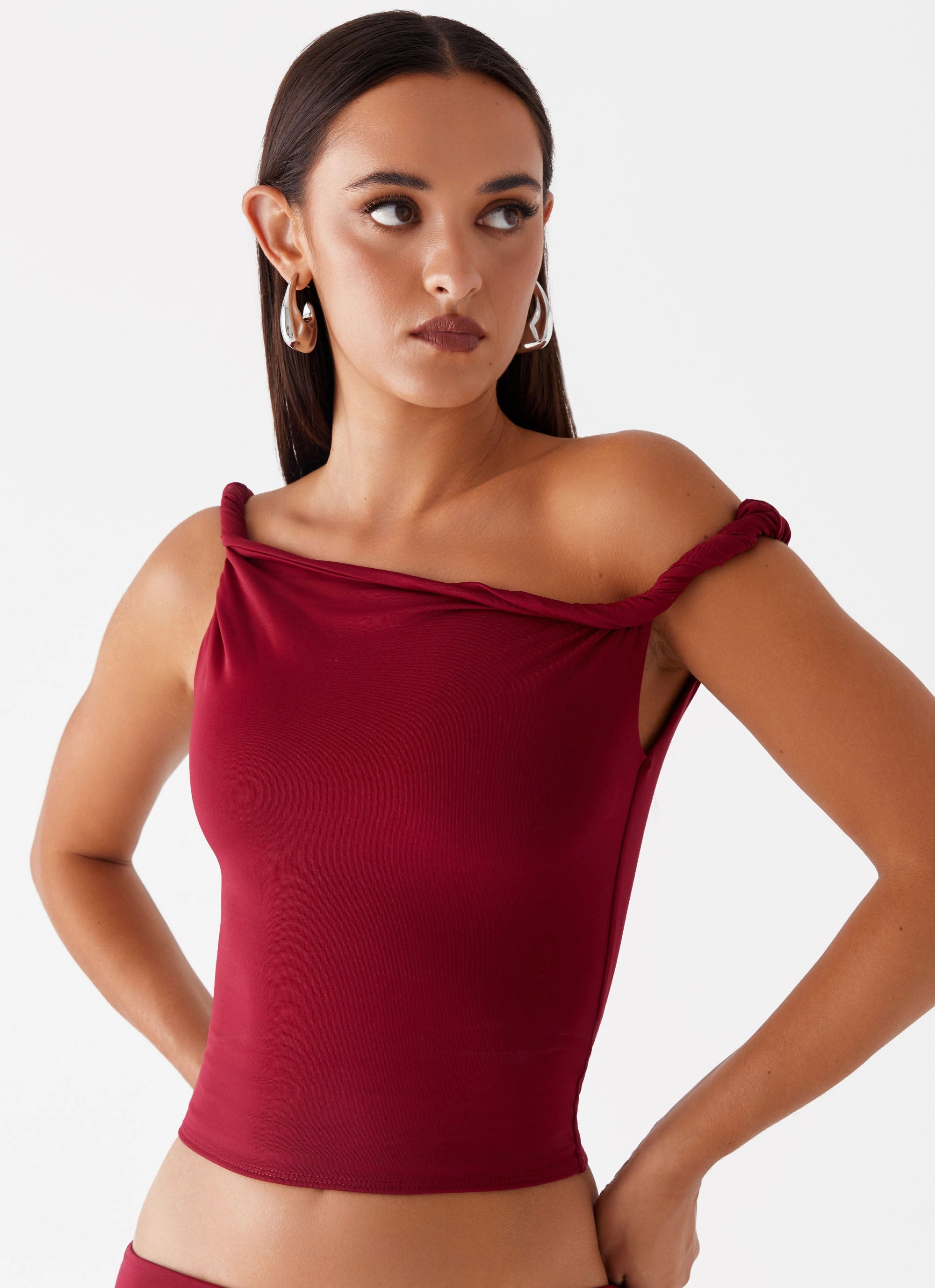Solace Soul Twist Shoulder Top - Maroon Luxe Wear