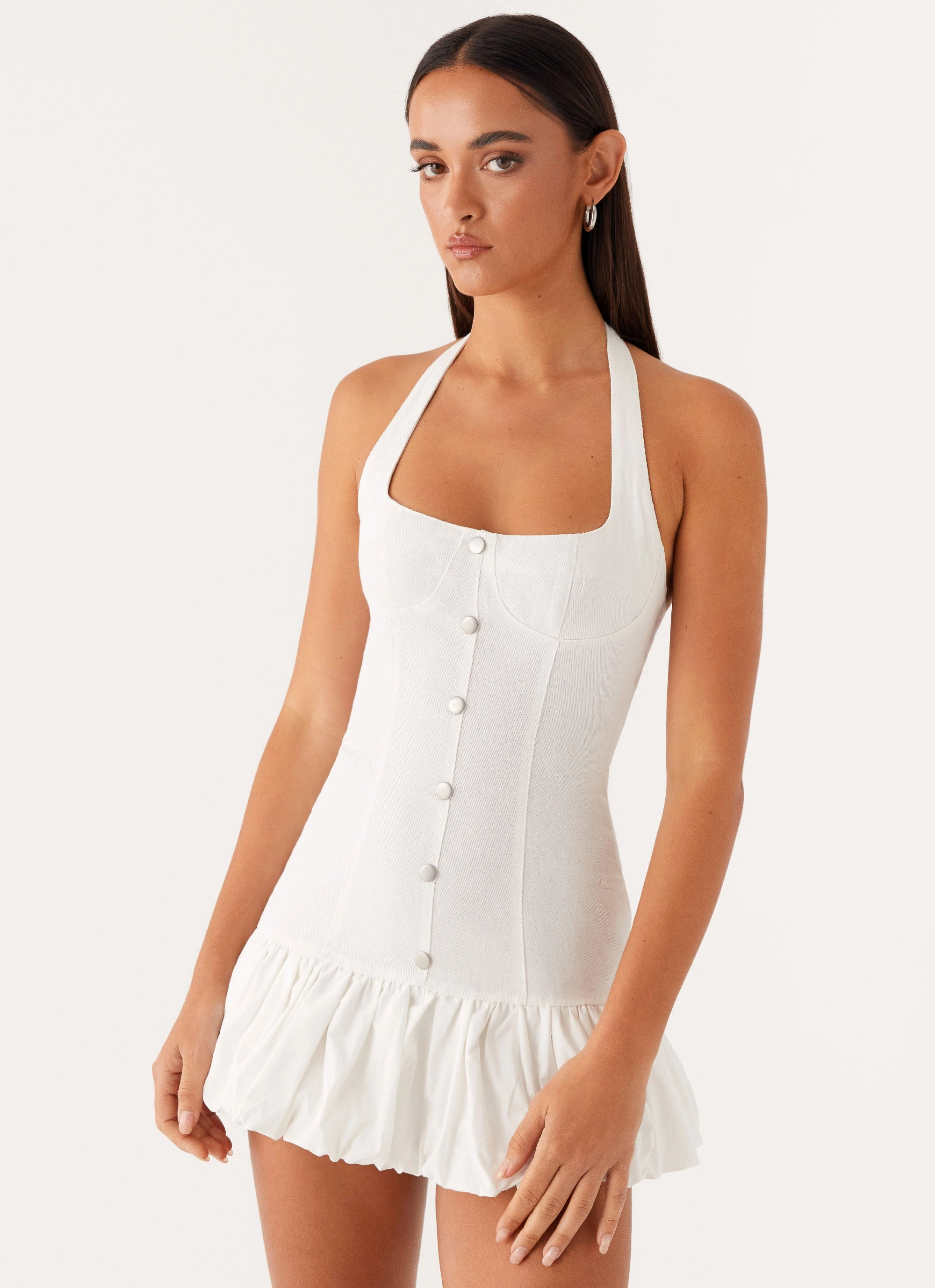 Georgina Denim Mini Dress - White Draped-Style Subtle Lines